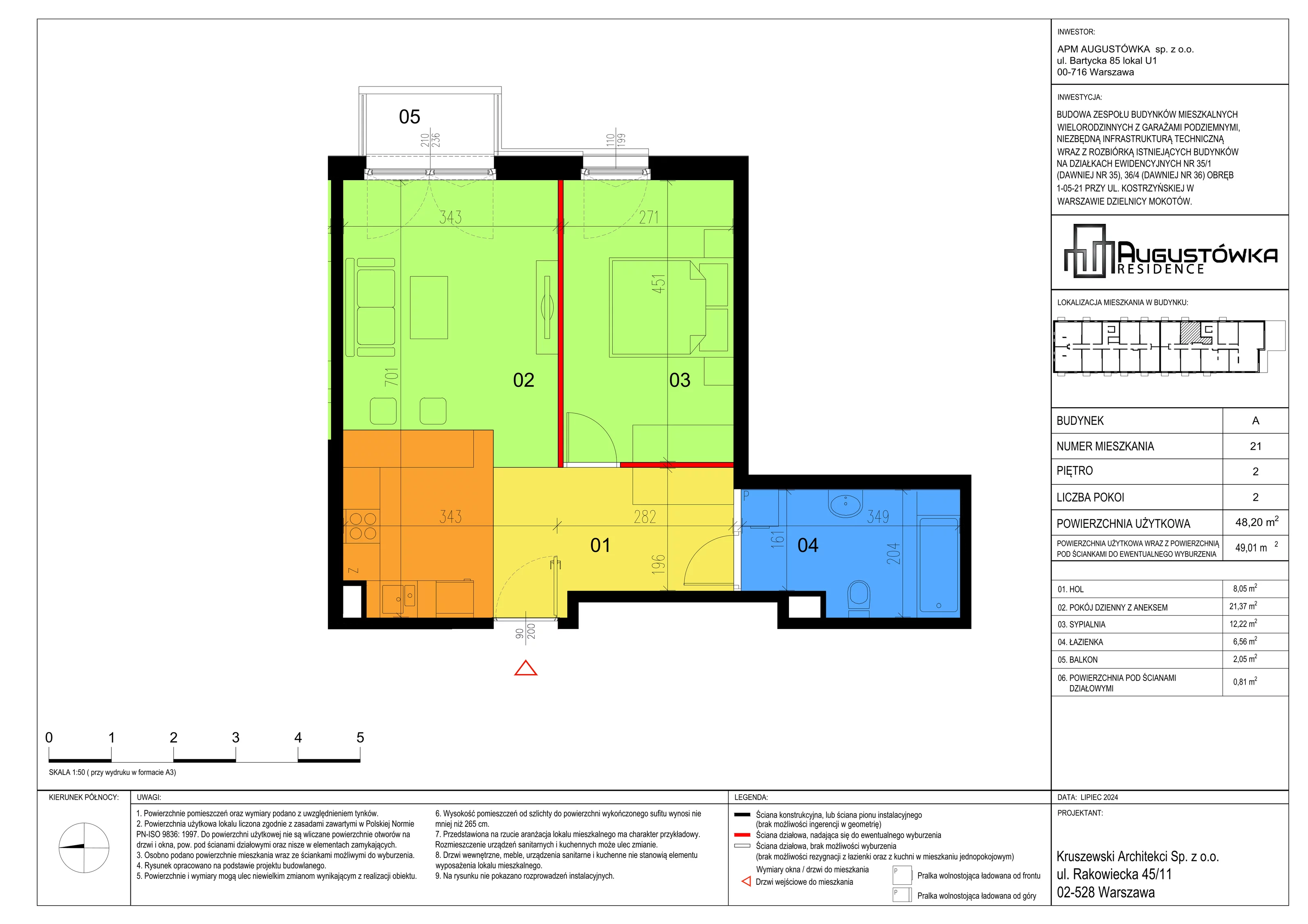 2 pokoje, mieszkanie 48,20 m², piętro 2, oferta nr A21, Augustówka Residence, Warszawa, Mokotów, Augustówka, ul. Kostrzyńska 18