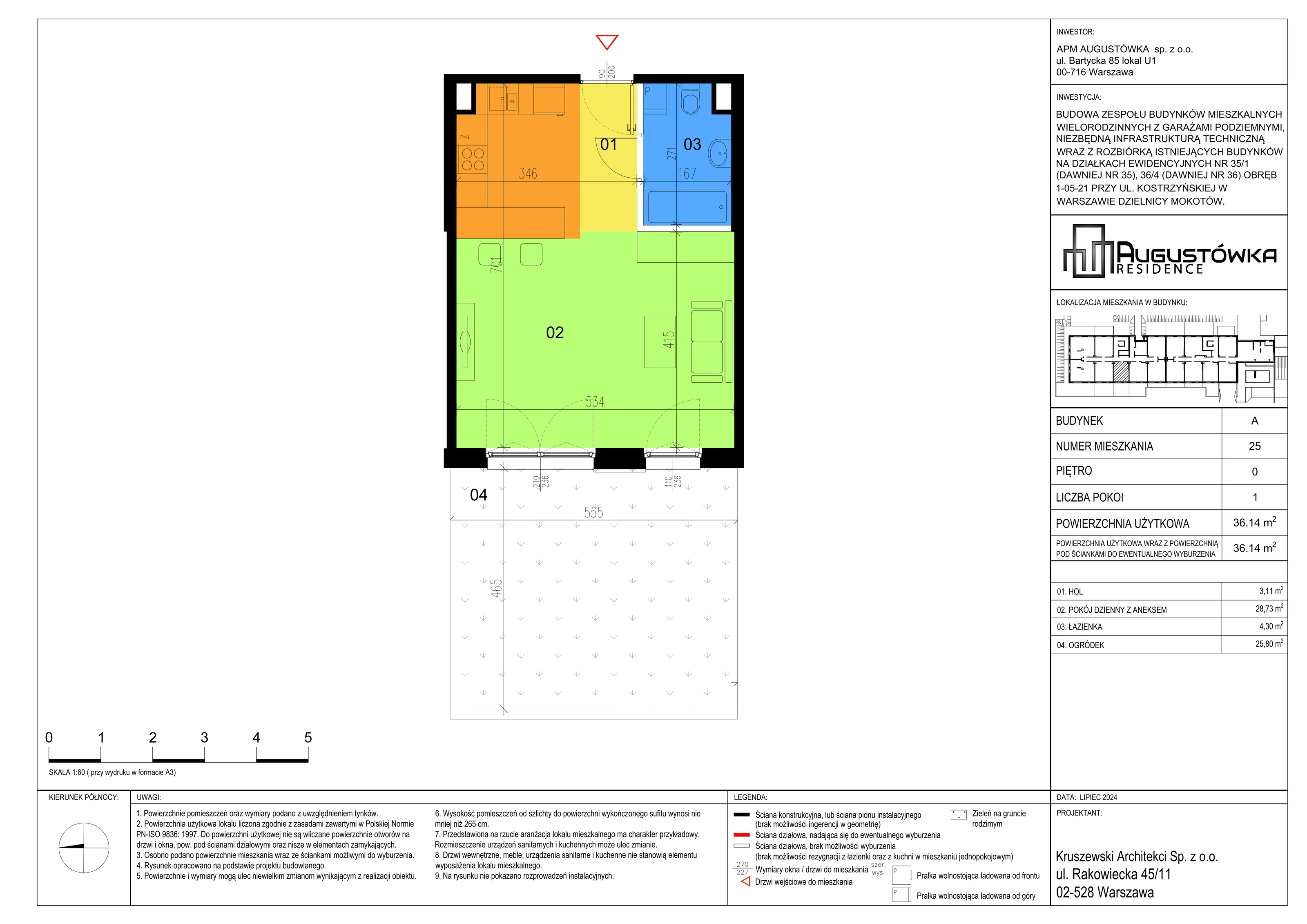 1 pokój, apartament 36,14 m², parter, oferta nr A25, Augustówka Residence, Warszawa, Mokotów, Augustówka, ul. Kostrzyńska 18