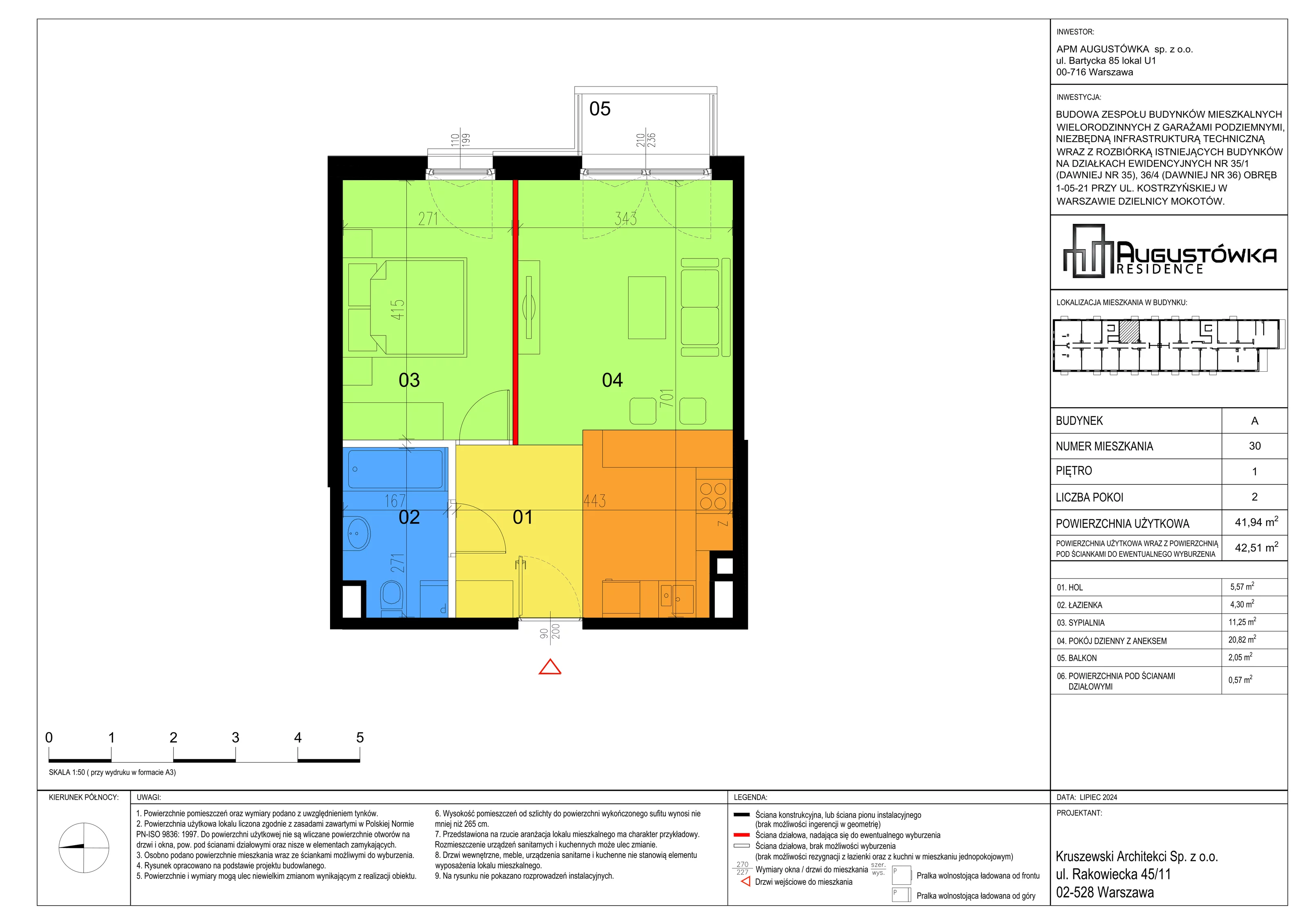 2 pokoje, apartament 41,94 m², piętro 1, oferta nr A30, Augustówka Residence, Warszawa, Mokotów, Augustówka, ul. Kostrzyńska 18