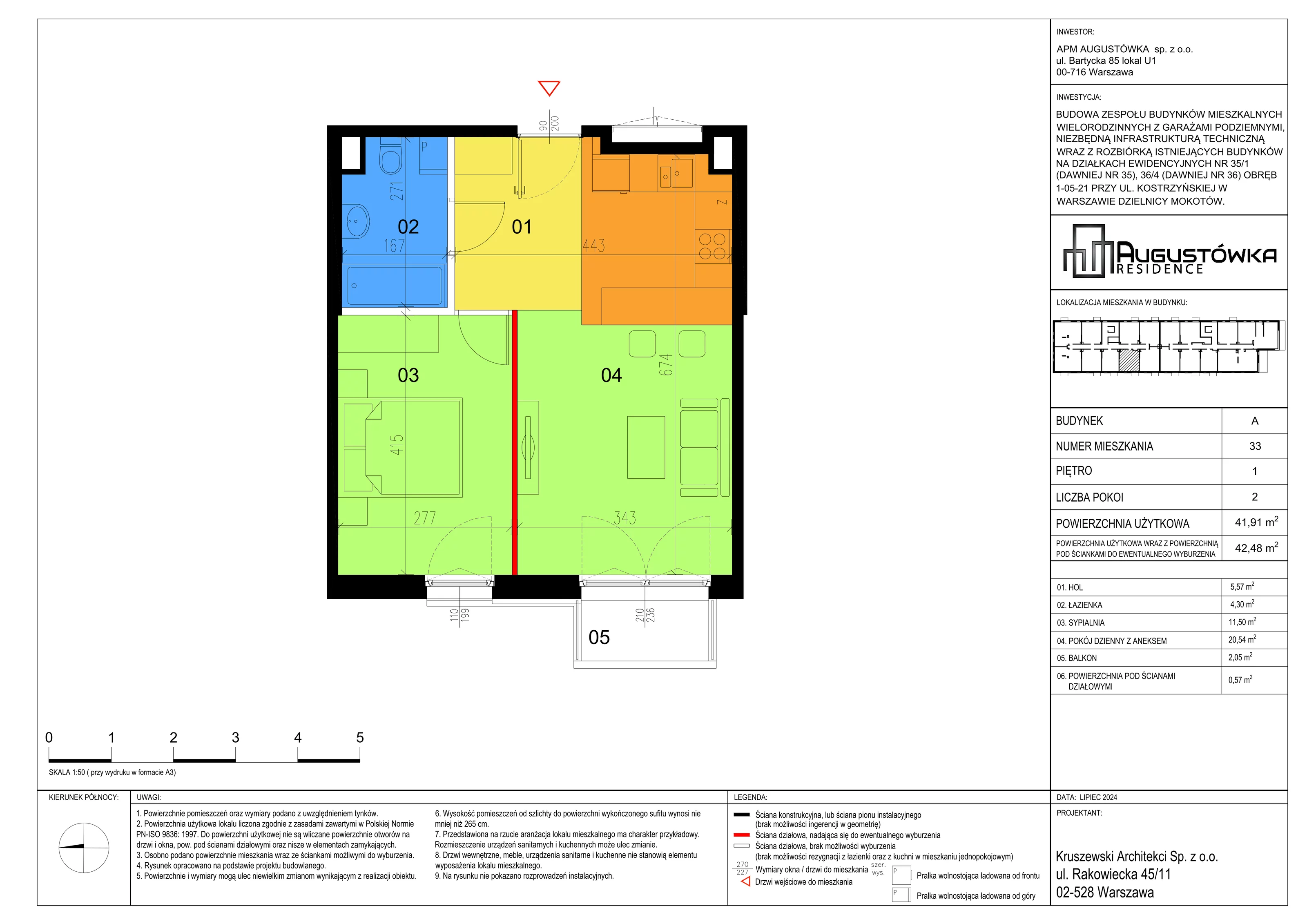 2 pokoje, apartament 41,91 m², piętro 1, oferta nr A33, Augustówka Residence, Warszawa, Mokotów, Augustówka, ul. Kostrzyńska 18