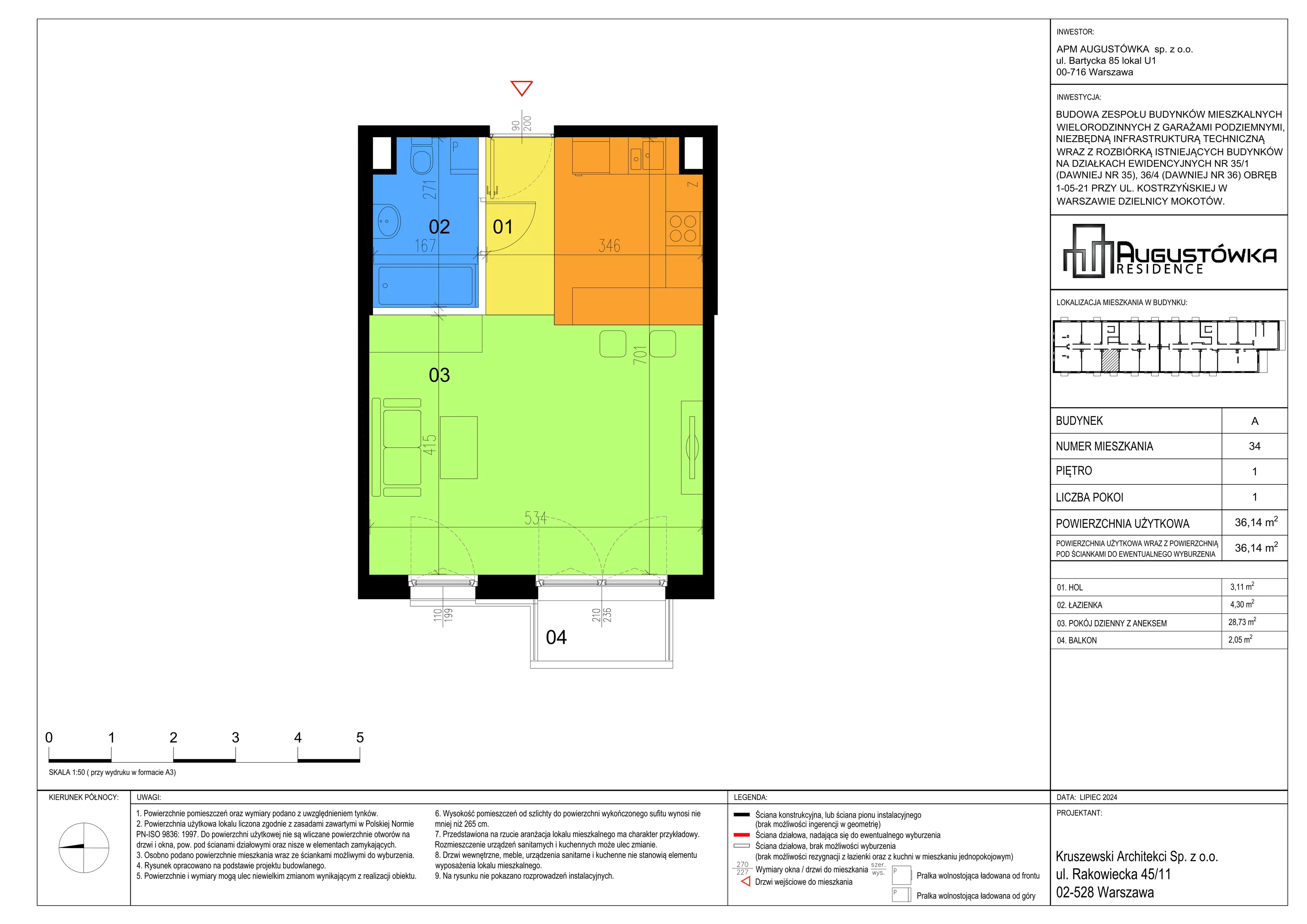 1 pokój, apartament 36,14 m², piętro 1, oferta nr A34, Augustówka Residence, Warszawa, Mokotów, Augustówka, ul. Kostrzyńska 18