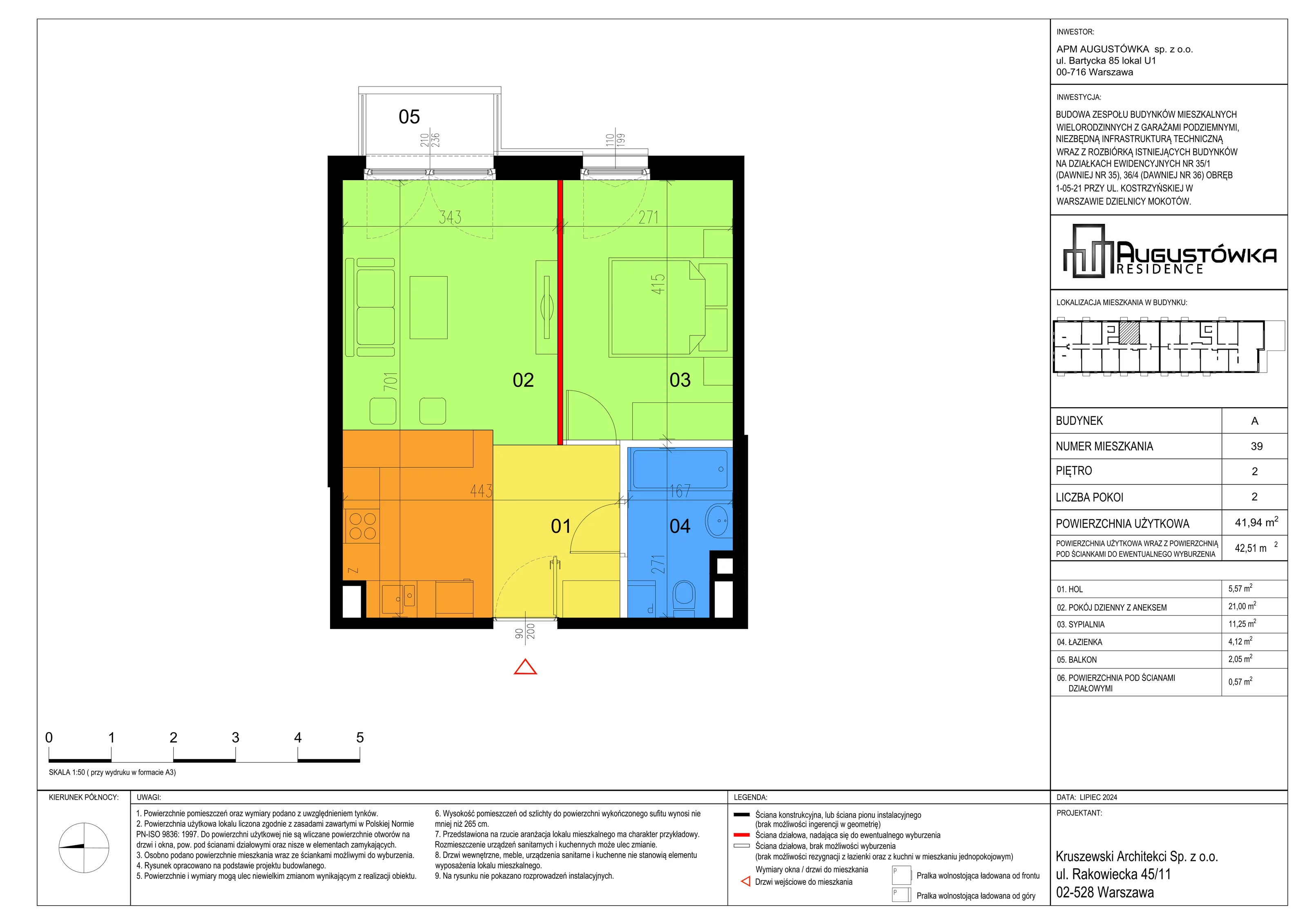 2 pokoje, apartament 41,94 m², piętro 2, oferta nr A39, Augustówka Residence, Warszawa, Mokotów, Augustówka, ul. Kostrzyńska 18