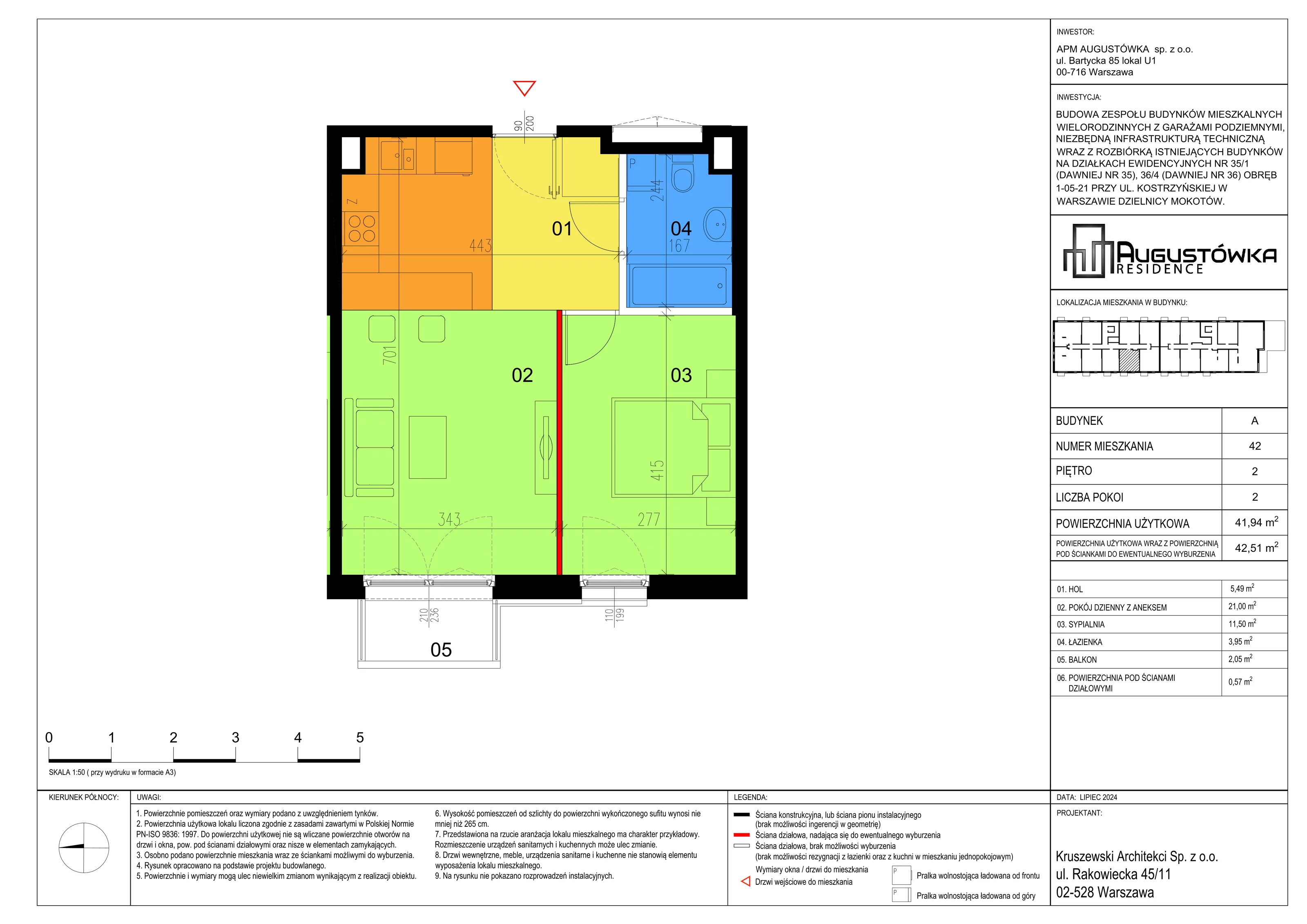 2 pokoje, apartament 41,94 m², piętro 2, oferta nr A42, Augustówka Residence, Warszawa, Mokotów, Augustówka, ul. Kostrzyńska 18