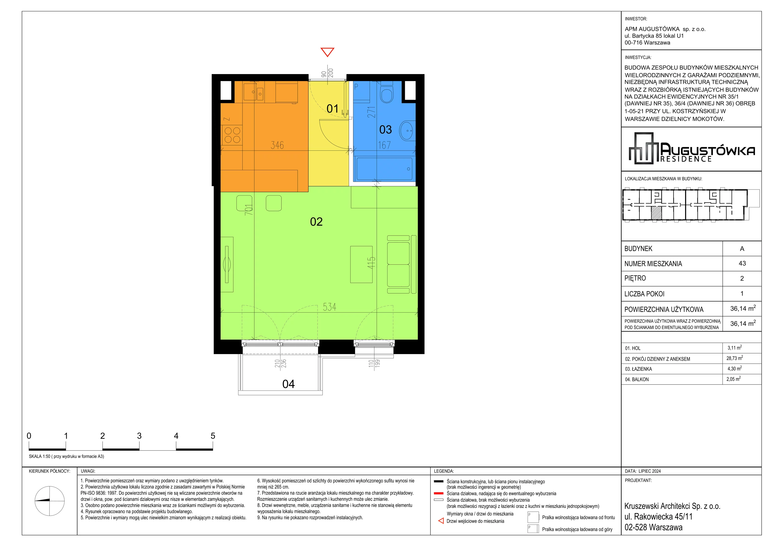 1 pokój, apartament 36,14 m², piętro 2, oferta nr A43, Augustówka Residence, Warszawa, Mokotów, Augustówka, ul. Kostrzyńska 18