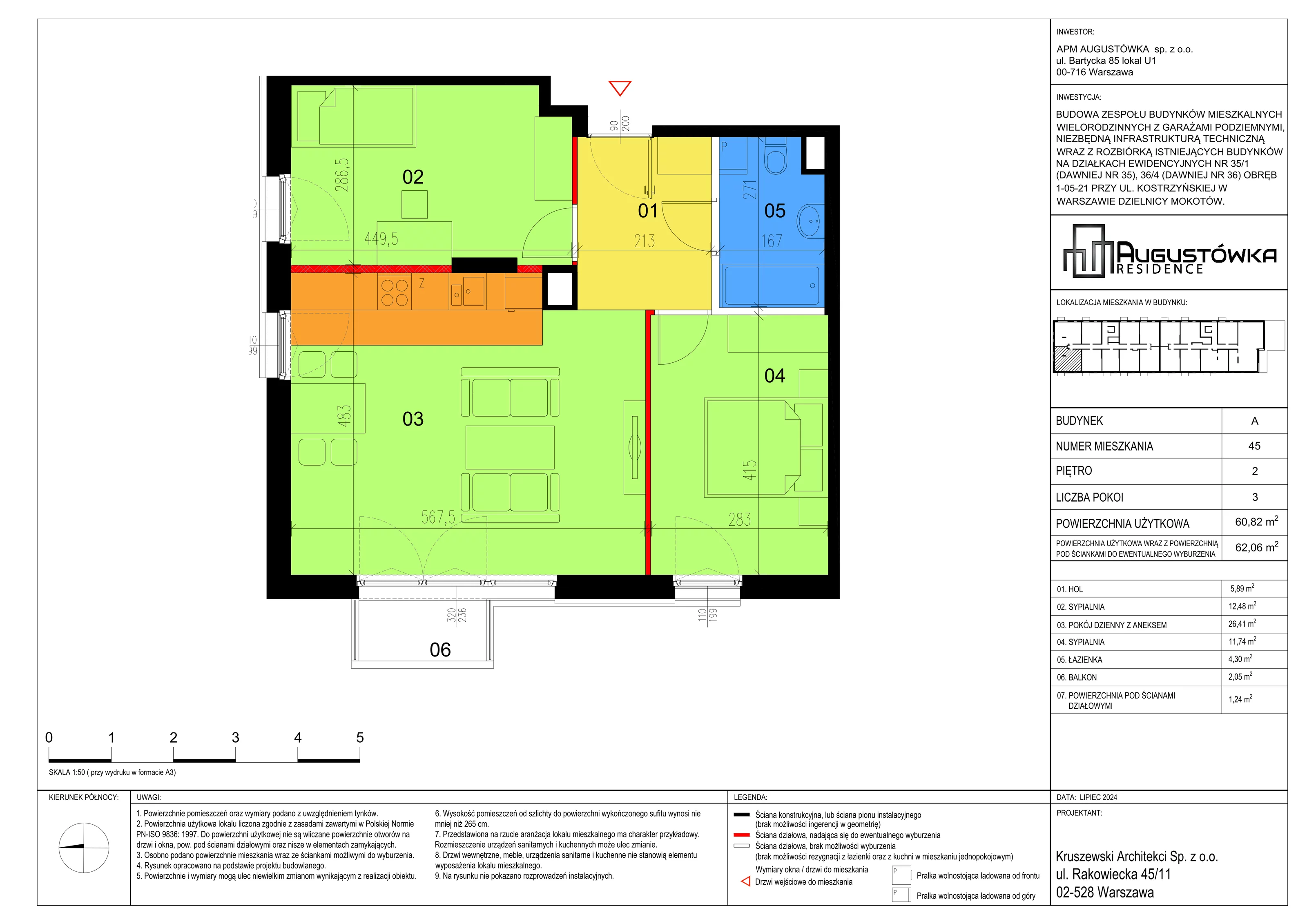 3 pokoje, mieszkanie 60,82 m², piętro 2, oferta nr A45, Augustówka Residence, Warszawa, Mokotów, Augustówka, ul. Kostrzyńska 18