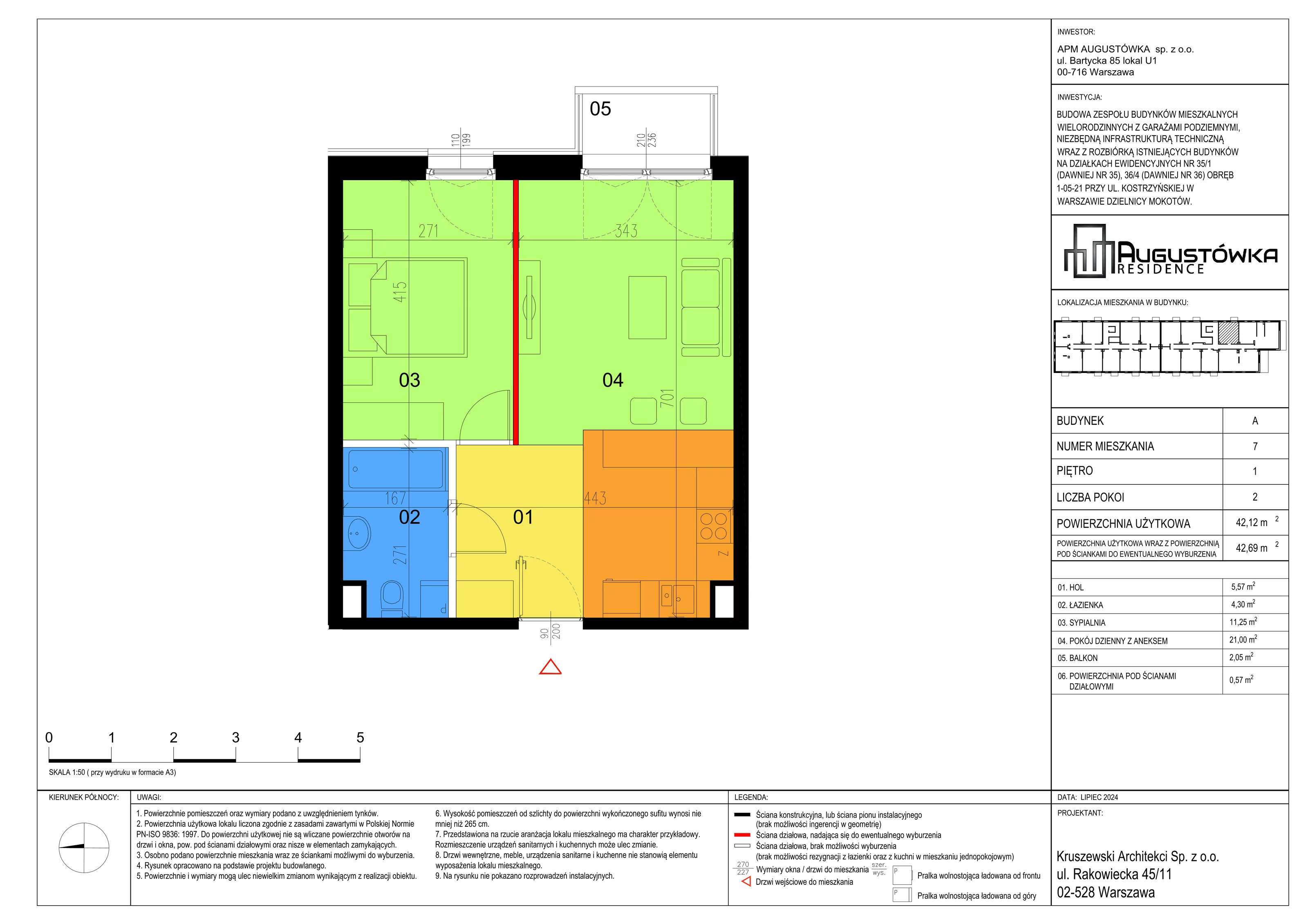 2 pokoje, mieszkanie 42,12 m², piętro 1, oferta nr A7, Augustówka Residence, Warszawa, Mokotów, Augustówka, ul. Kostrzyńska 18