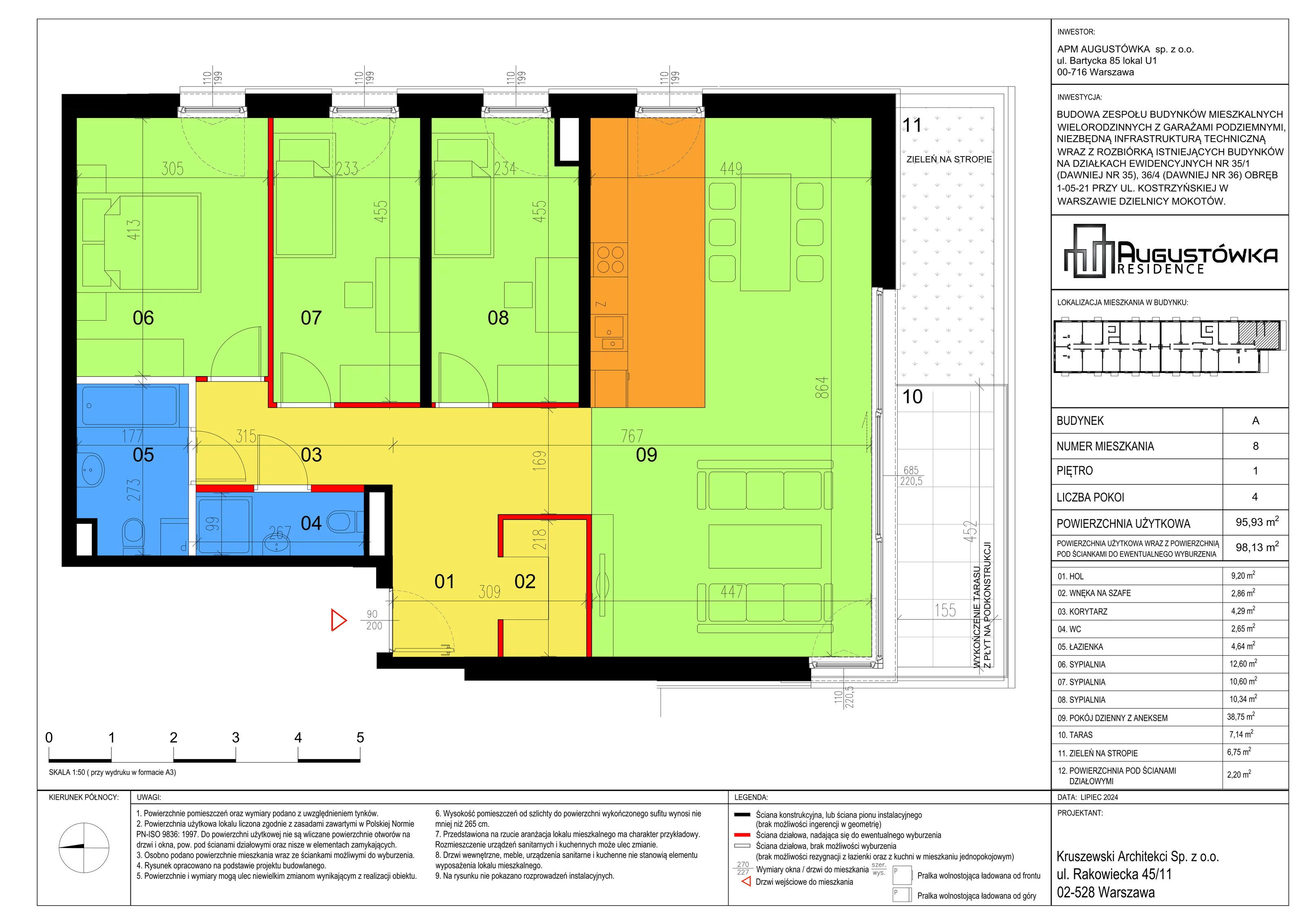 4 pokoje, mieszkanie 95,93 m², piętro 1, oferta nr A8, Augustówka Residence, Warszawa, Mokotów, Augustówka, ul. Kostrzyńska 18