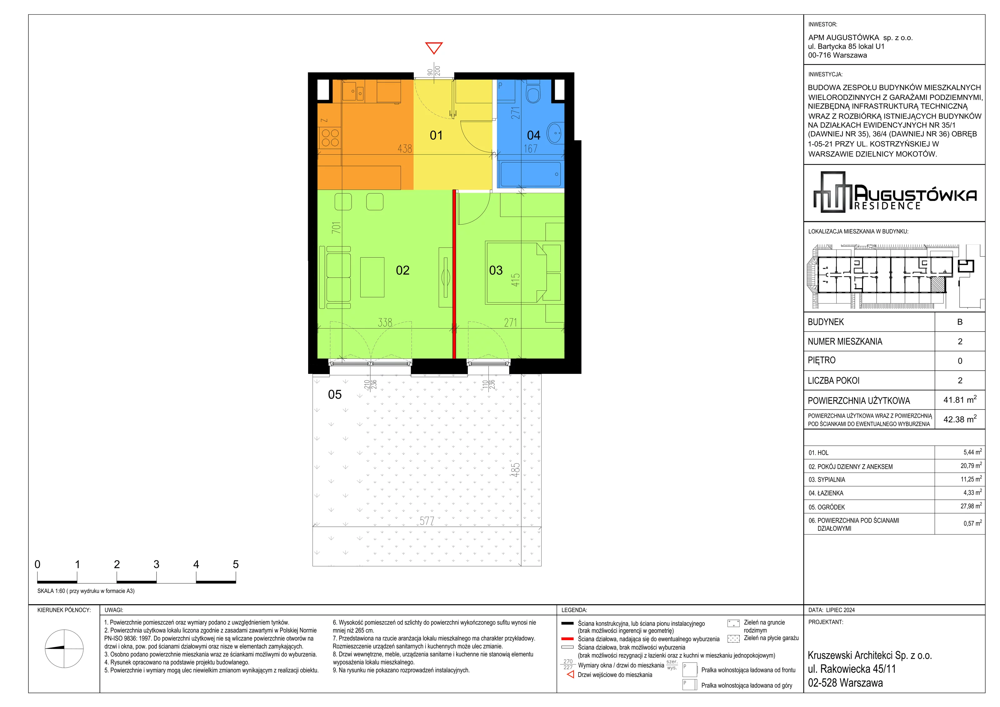 1 pokój, apartament 41,81 m², parter, oferta nr B2, Augustówka Residence, Warszawa, Mokotów, Augustówka, ul. Kostrzyńska 18