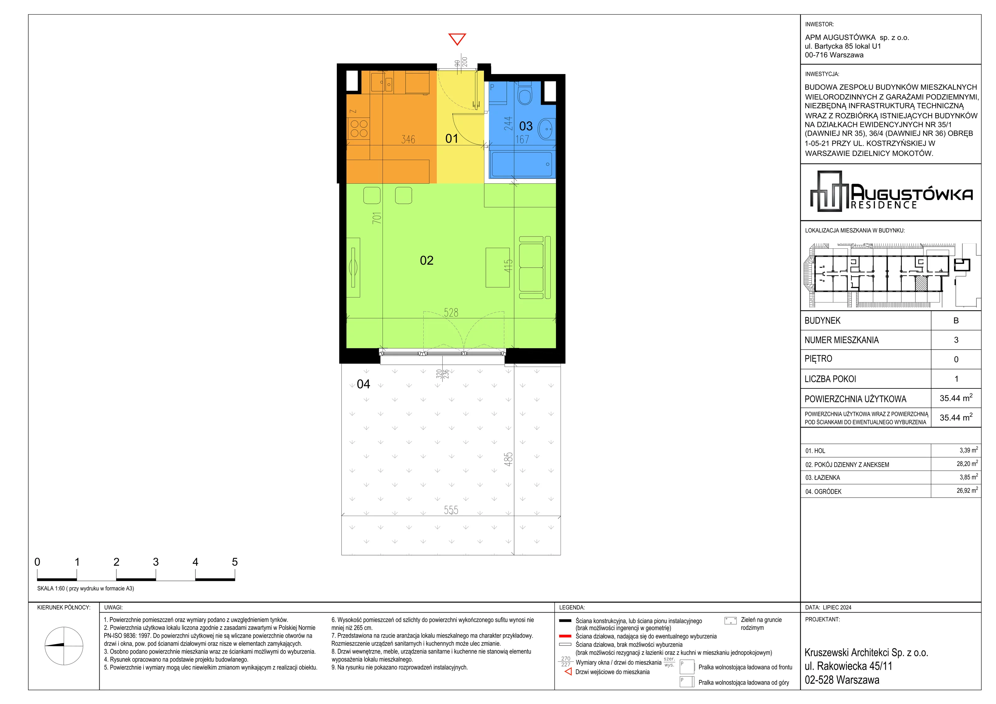 1 pokój, apartament 35,44 m², parter, oferta nr B3, Augustówka Residence, Warszawa, Mokotów, Augustówka, ul. Kostrzyńska 18