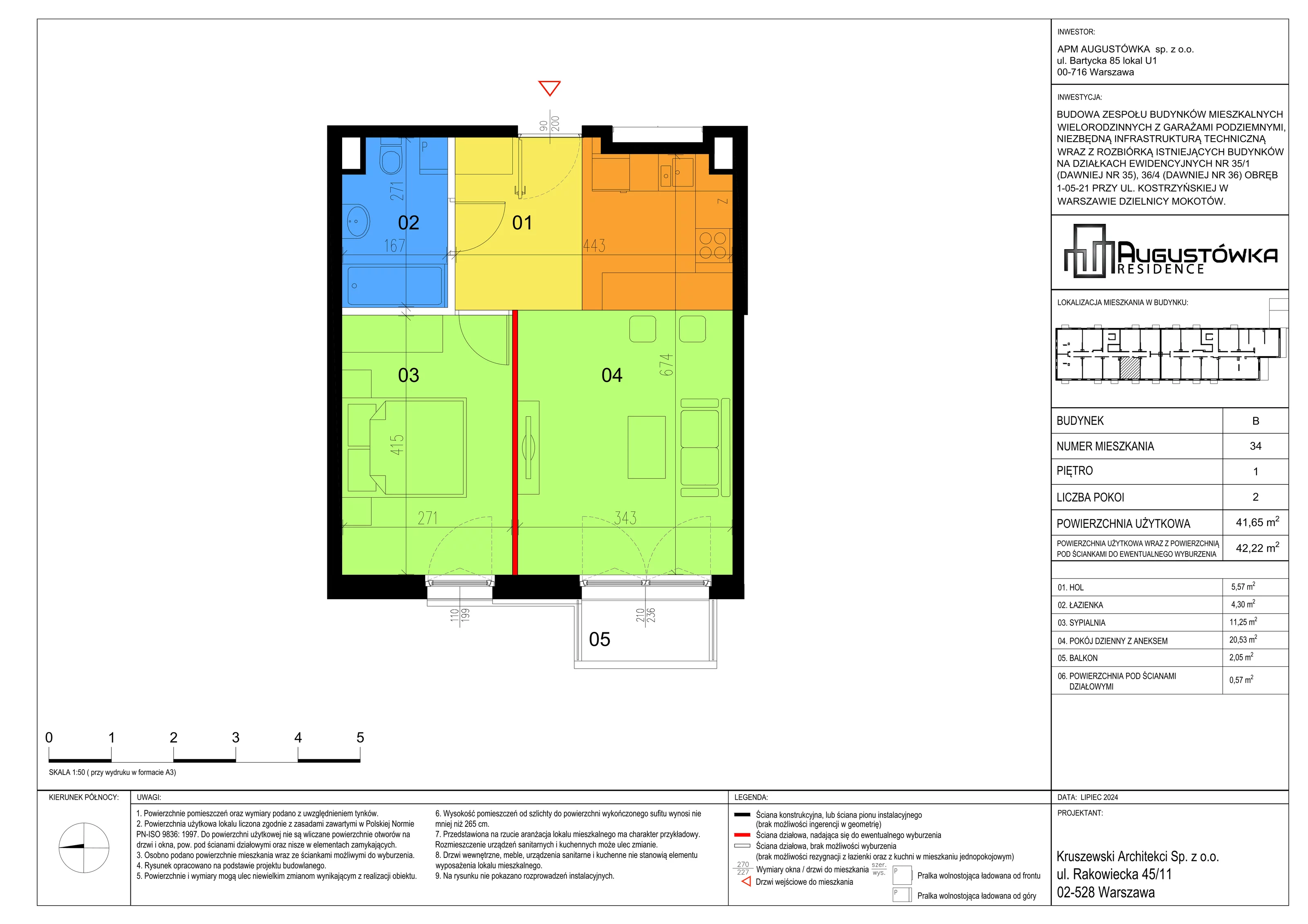 2 pokoje, apartament 41,65 m², piętro 1, oferta nr B34, Augustówka Residence, Warszawa, Mokotów, Augustówka, ul. Kostrzyńska 18