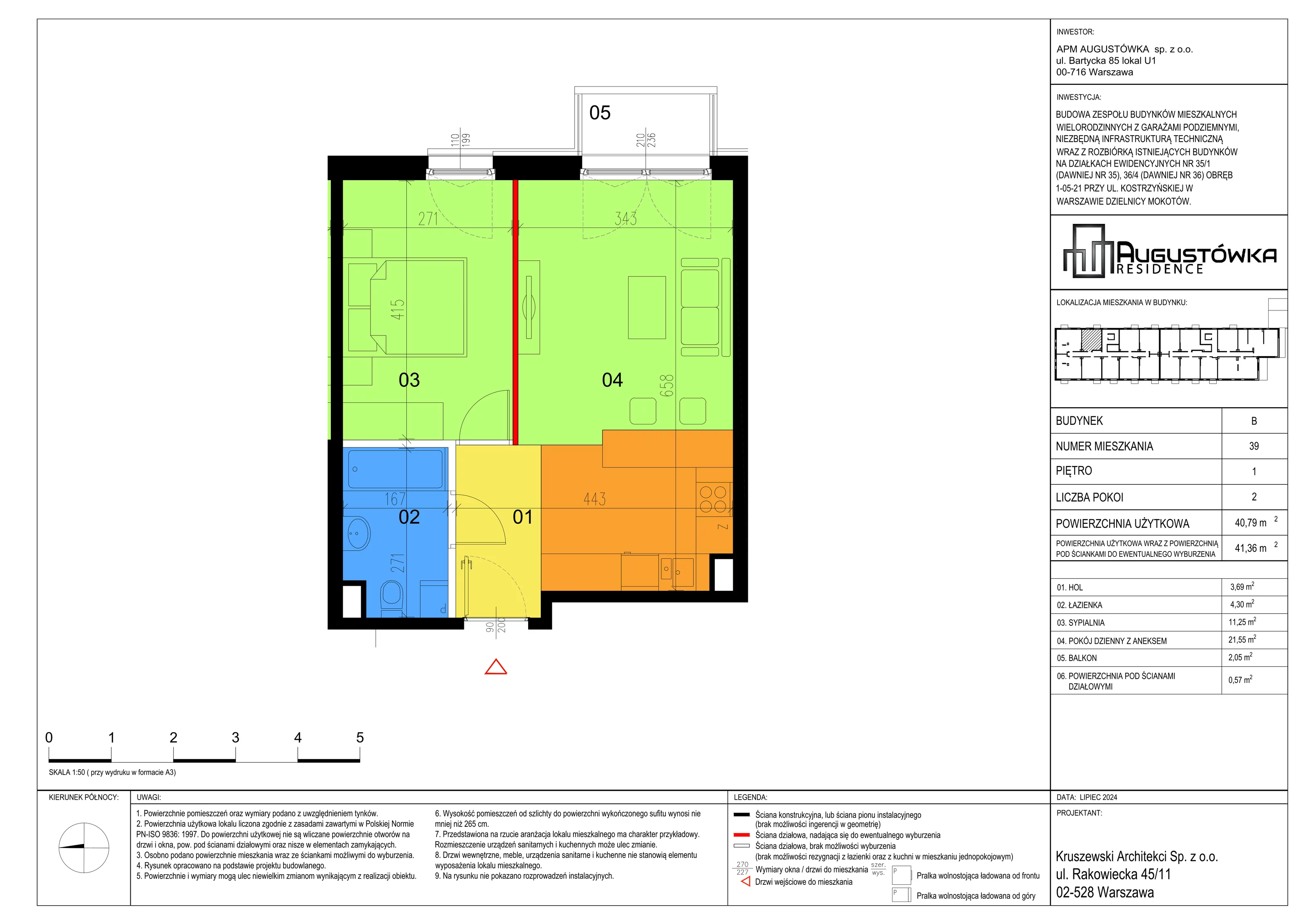 2 pokoje, apartament 40,79 m², piętro 1, oferta nr B39, Augustówka Residence, Warszawa, Mokotów, Augustówka, ul. Kostrzyńska 18