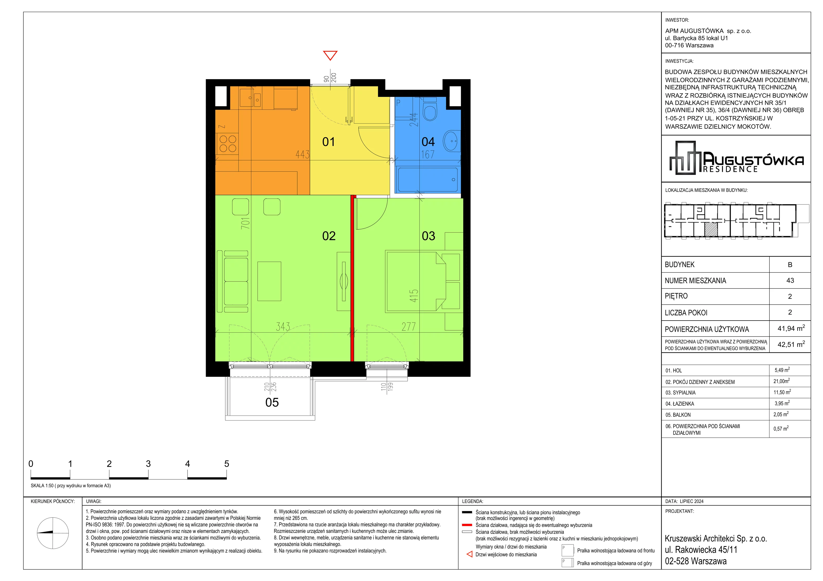 2 pokoje, apartament 41,94 m², piętro 2, oferta nr B43, Augustówka Residence, Warszawa, Mokotów, Augustówka, ul. Kostrzyńska 18