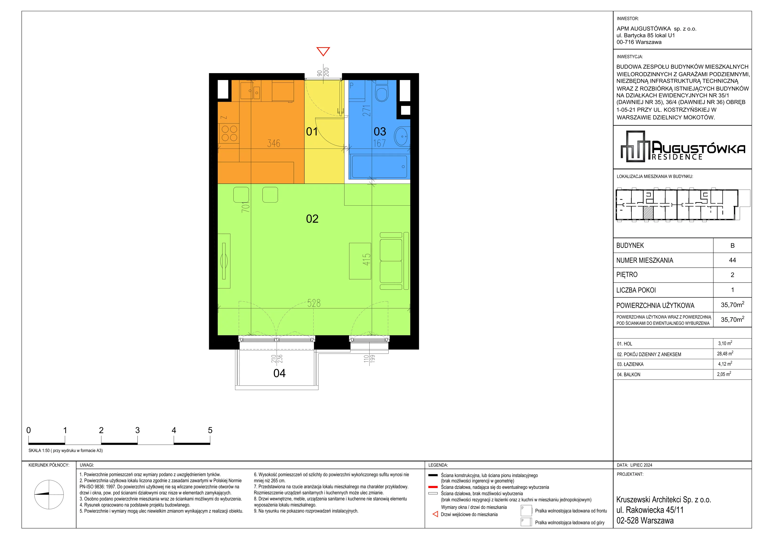 1 pokój, apartament 35,70 m², piętro 2, oferta nr B44, Augustówka Residence, Warszawa, Mokotów, Augustówka, ul. Kostrzyńska 18