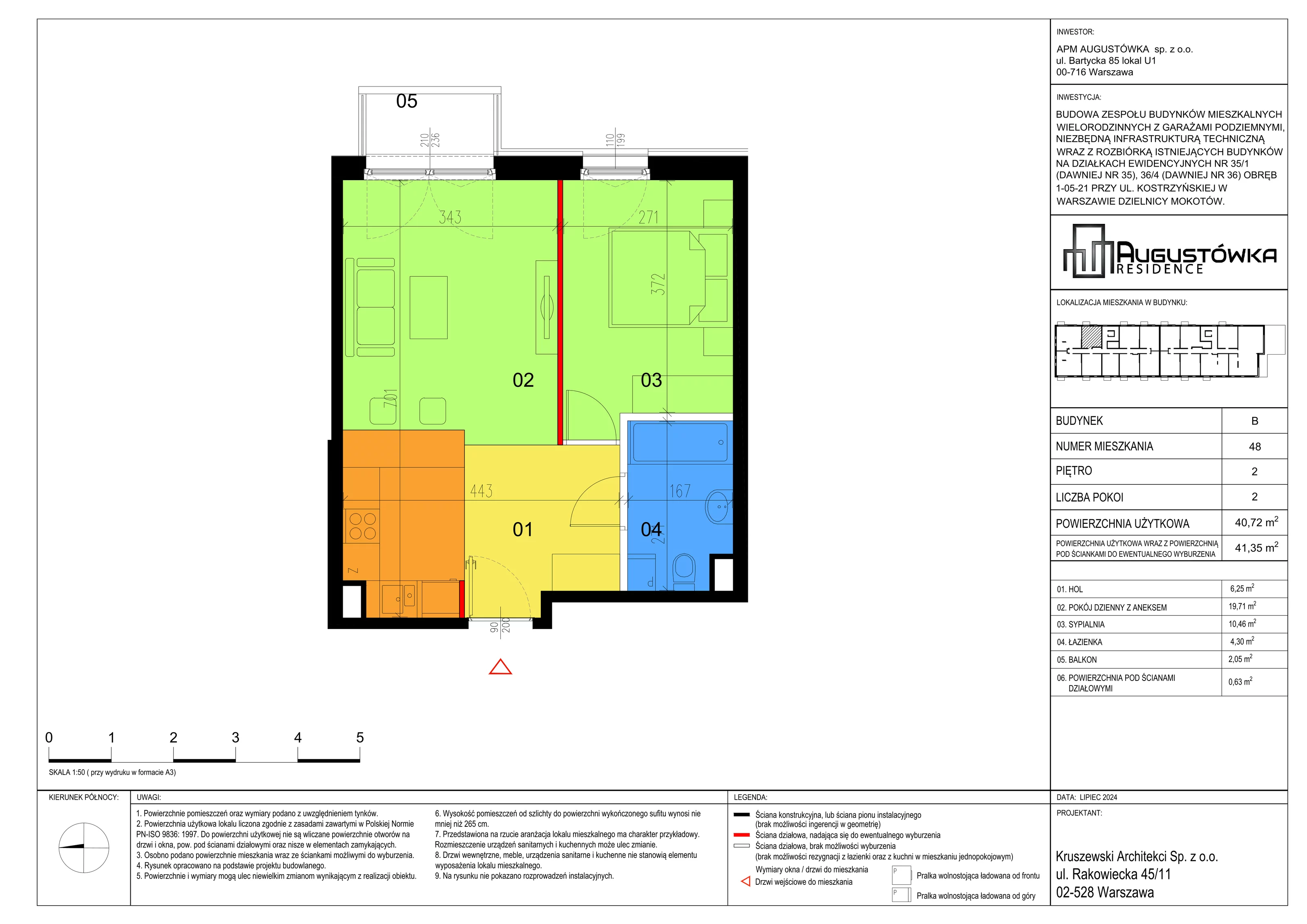 2 pokoje, apartament 40,72 m², piętro 2, oferta nr B48, Augustówka Residence, Warszawa, Mokotów, Augustówka, ul. Kostrzyńska 18