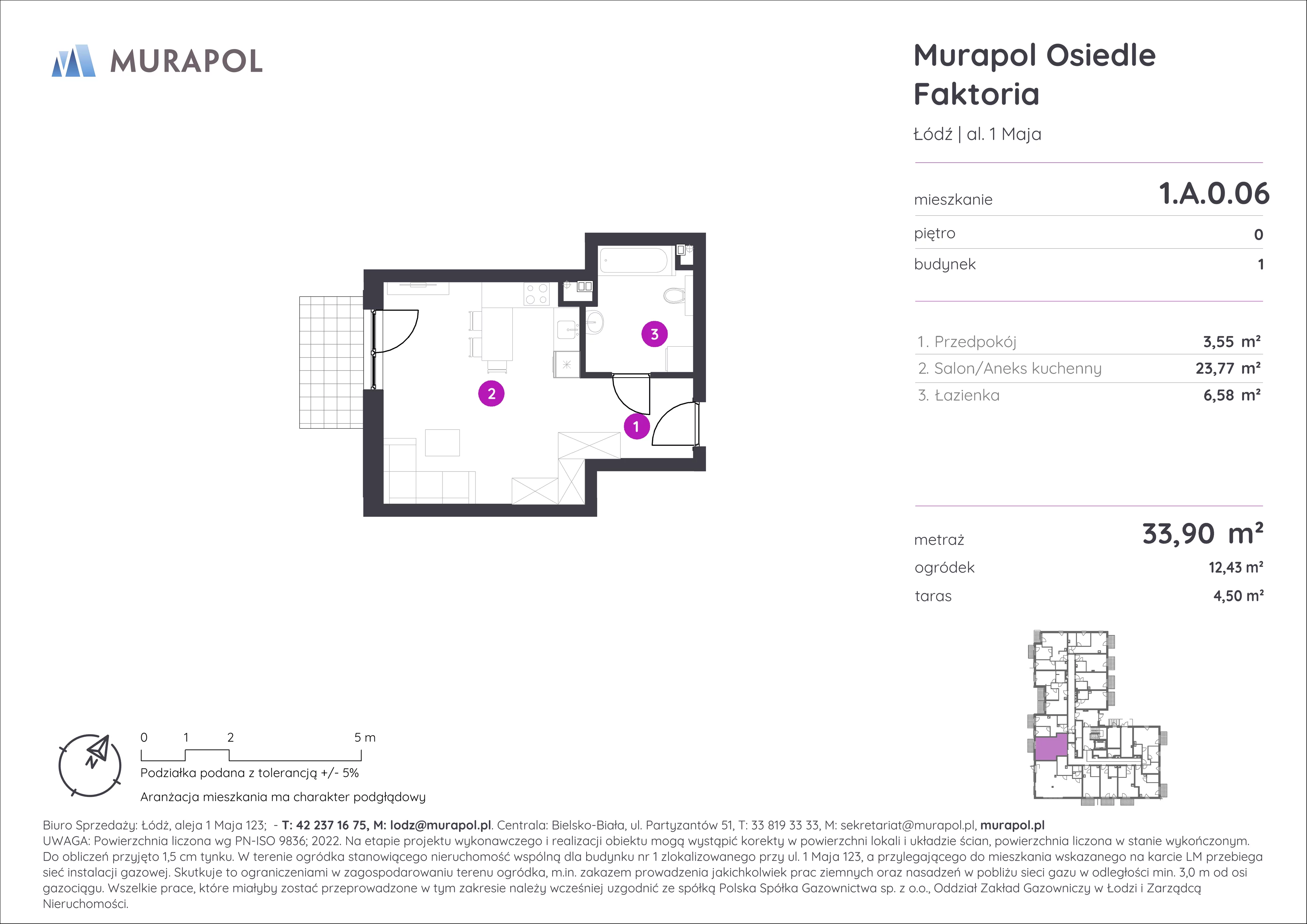 Mieszkanie 33,90 m², parter, oferta nr 1.A.0.06, Murapol Osiedle Faktoria, Łódź, Polesie, Stare Polesie, al. 1 Maja