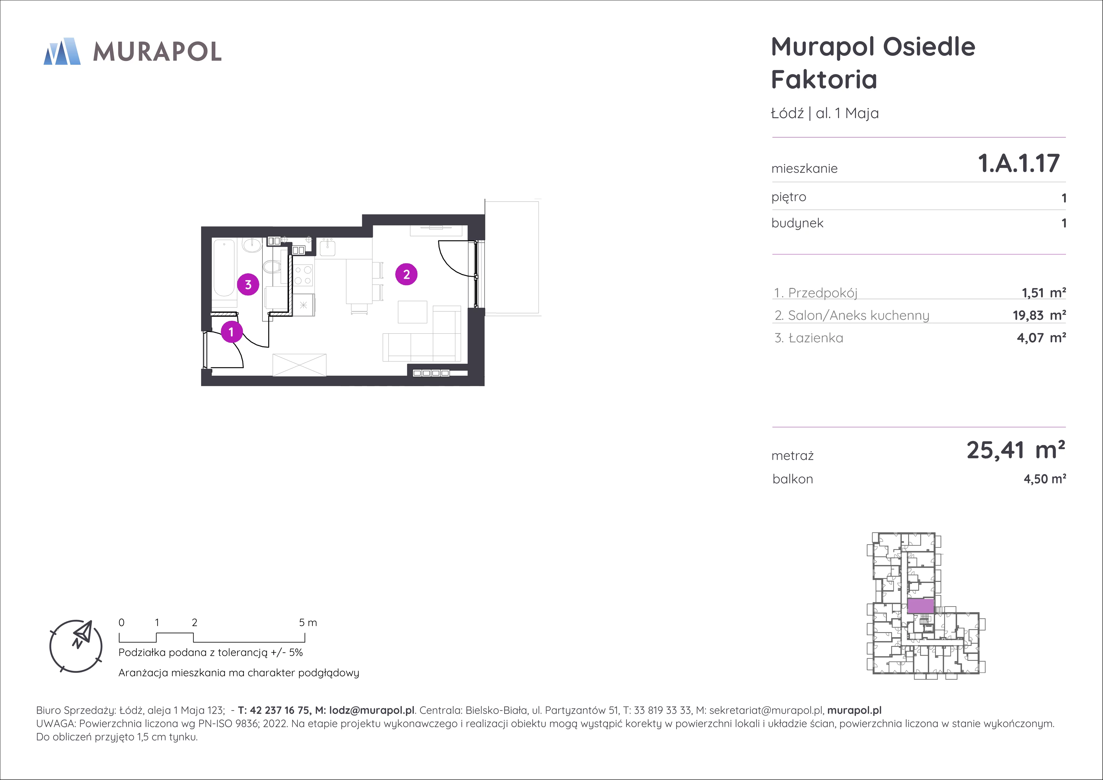 Mieszkanie 25,41 m², piętro 1, oferta nr 1.A.1.17, Murapol Osiedle Faktoria, Łódź, Polesie, Stare Polesie, al. 1 Maja