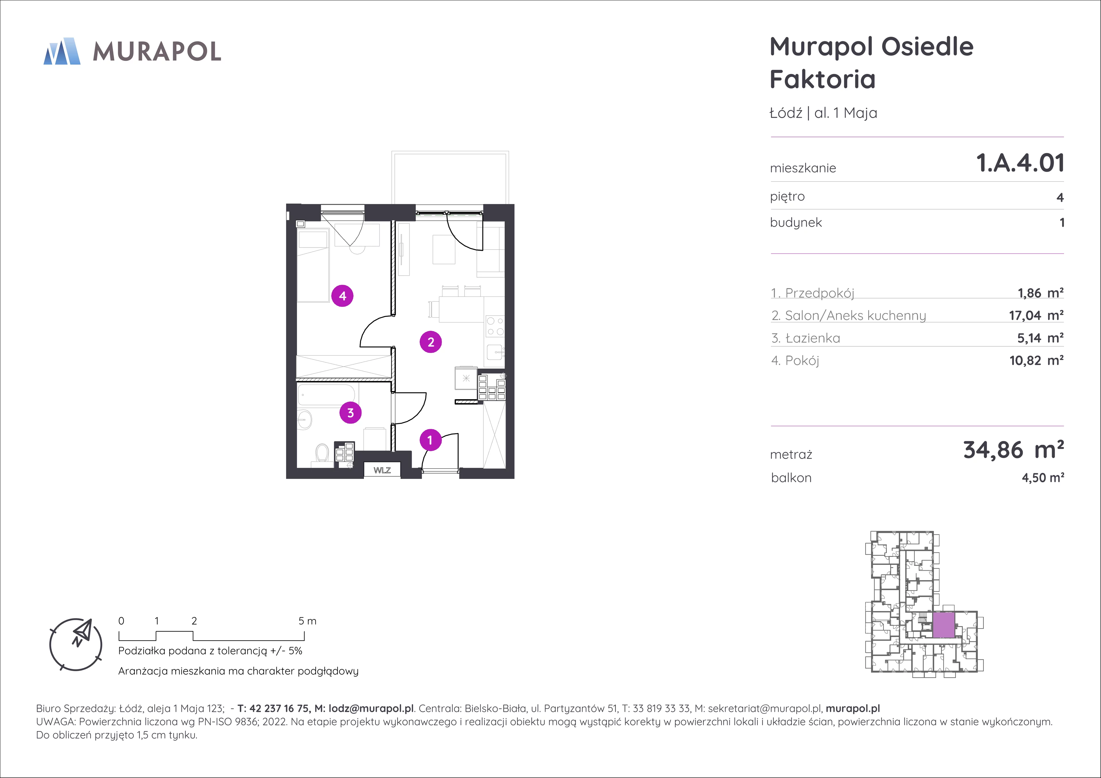 Mieszkanie 34,86 m², piętro 4, oferta nr 1.A.4.01, Murapol Osiedle Faktoria, Łódź, Polesie, Stare Polesie, al. 1 Maja