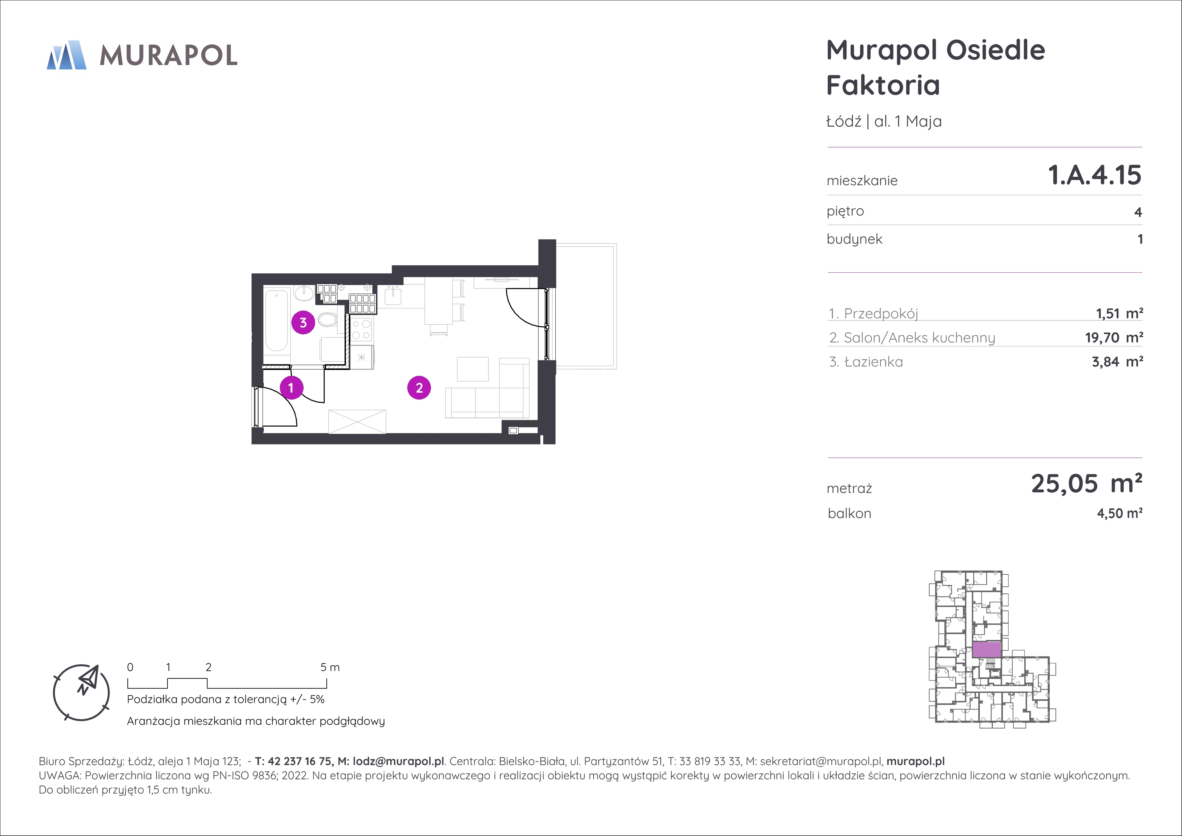 Mieszkanie 25,05 m², piętro 4, oferta nr 1.A.4.15, Murapol Osiedle Faktoria, Łódź, Polesie, Stare Polesie, al. 1 Maja