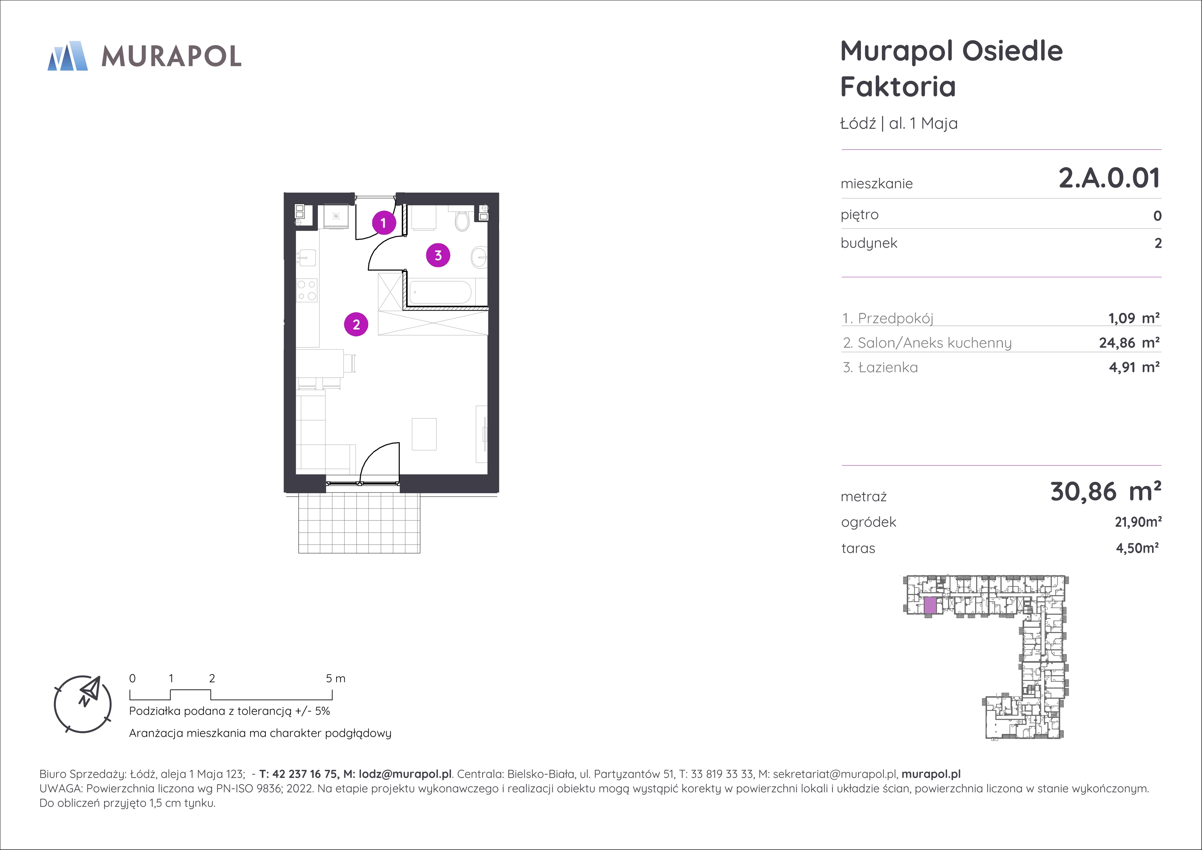 Mieszkanie 30,86 m², parter, oferta nr 2.A.0.01, Murapol Osiedle Faktoria, Łódź, Polesie, Stare Polesie, al. 1 Maja