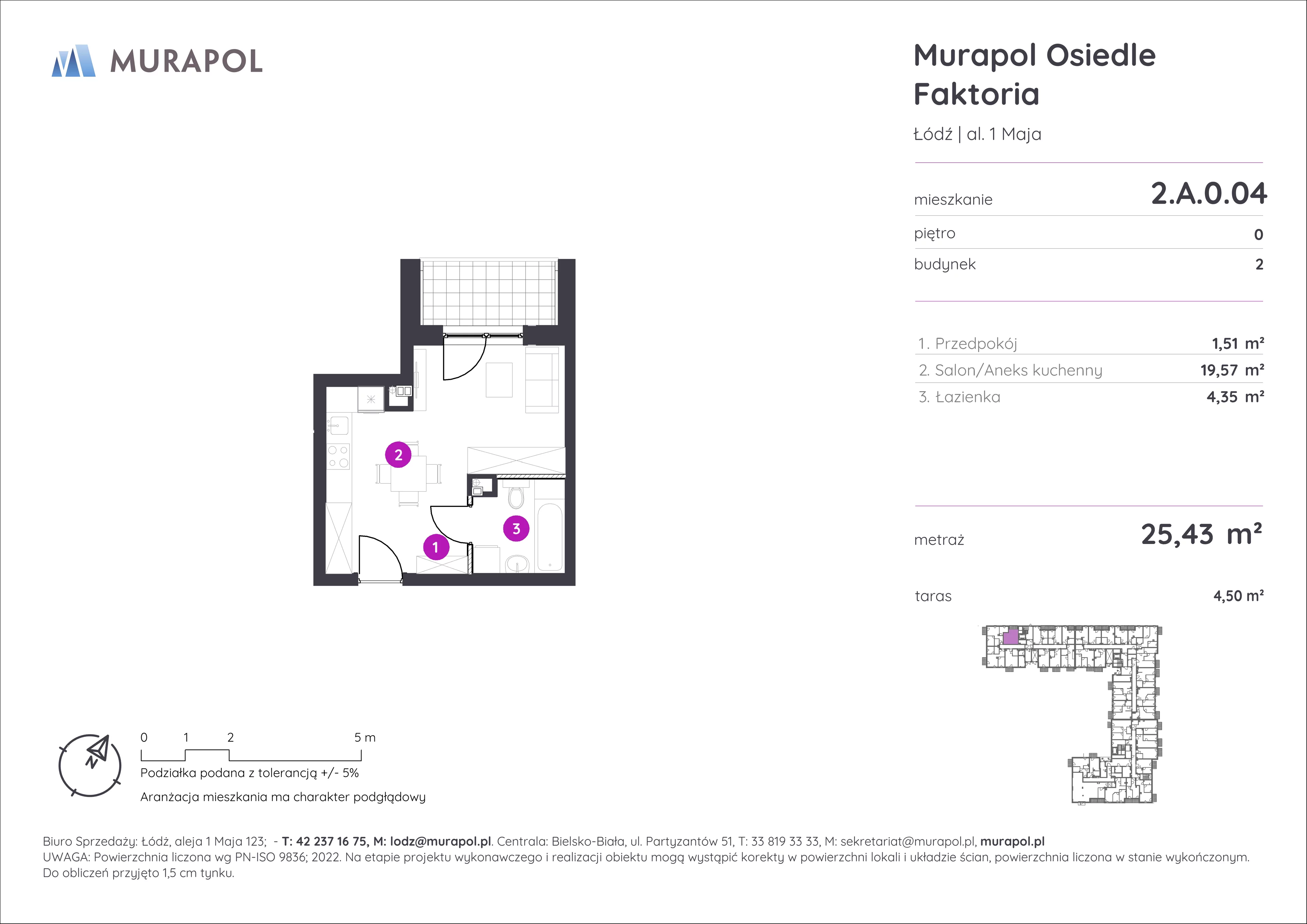 Mieszkanie 25,43 m², parter, oferta nr 2.A.0.04, Murapol Osiedle Faktoria, Łódź, Polesie, Stare Polesie, al. 1 Maja