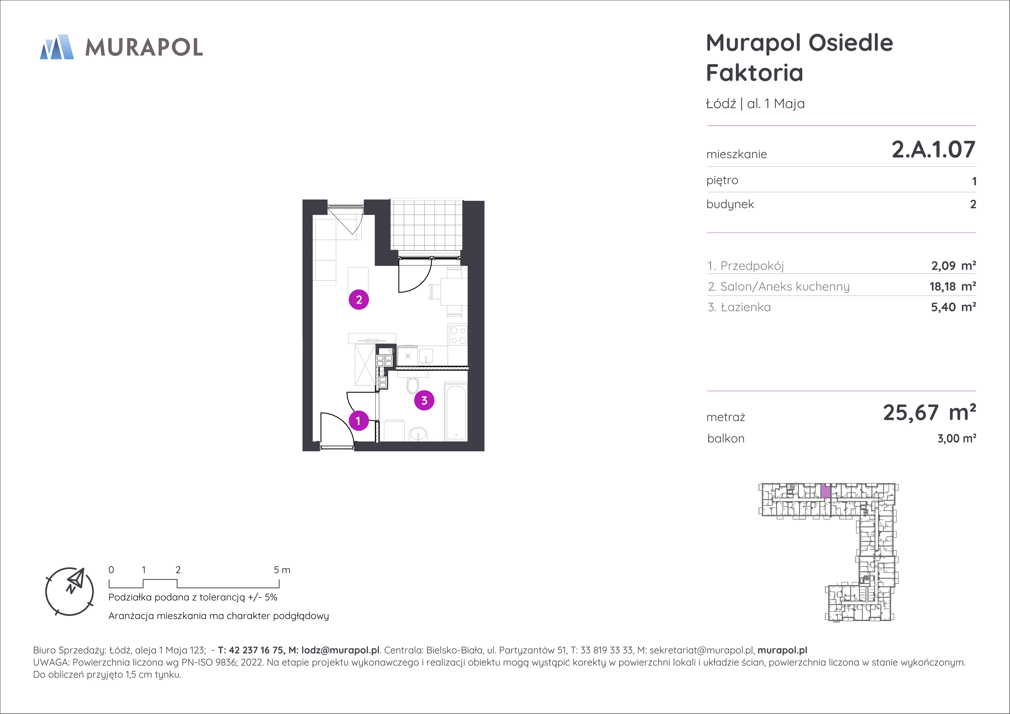 Mieszkanie 25,67 m², piętro 1, oferta nr 2.A.1.07, Murapol Osiedle Faktoria, Łódź, Polesie, Stare Polesie, al. 1 Maja