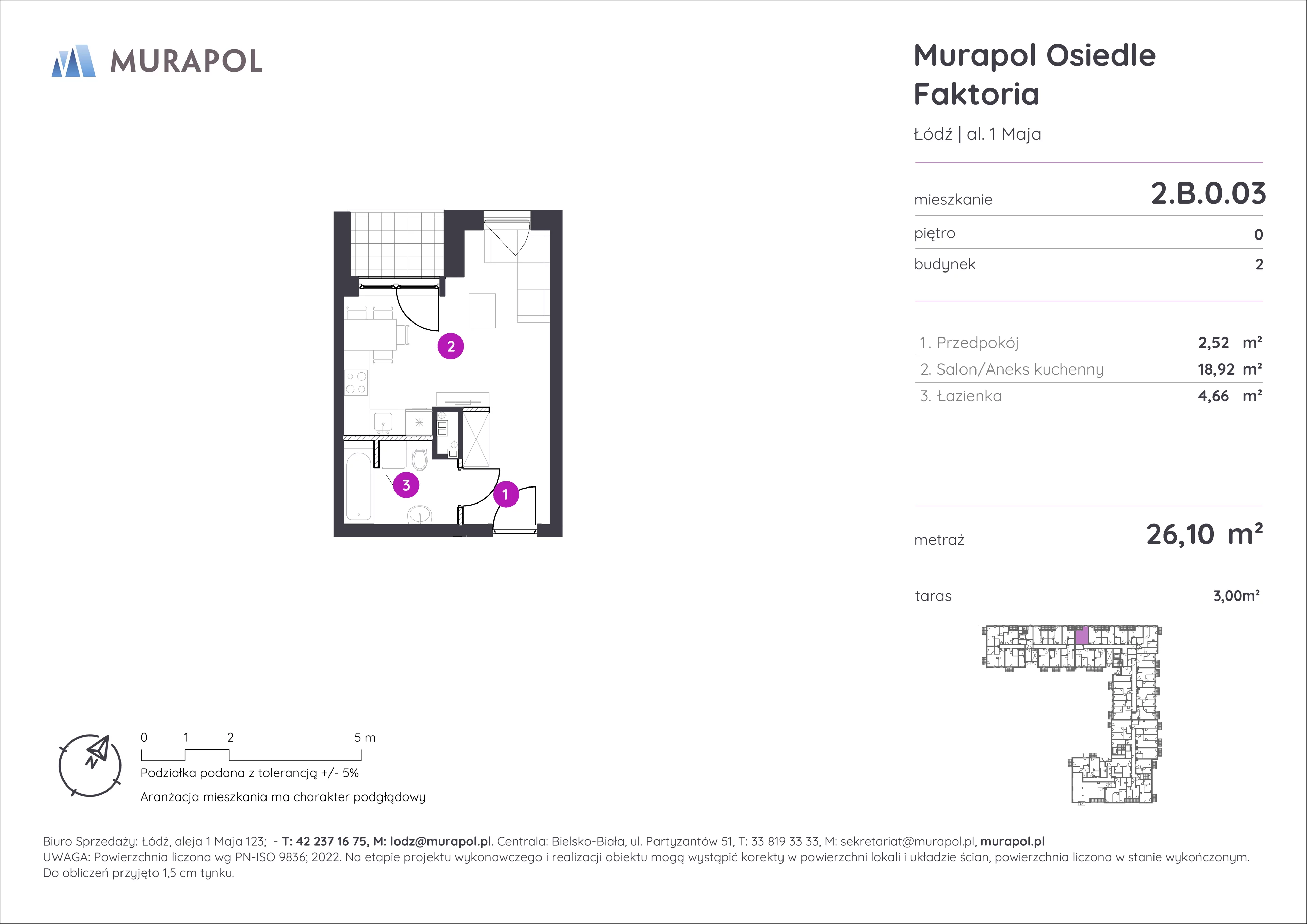 Mieszkanie 26,10 m², parter, oferta nr 2.B.0.03, Murapol Osiedle Faktoria, Łódź, Polesie, Stare Polesie, al. 1 Maja