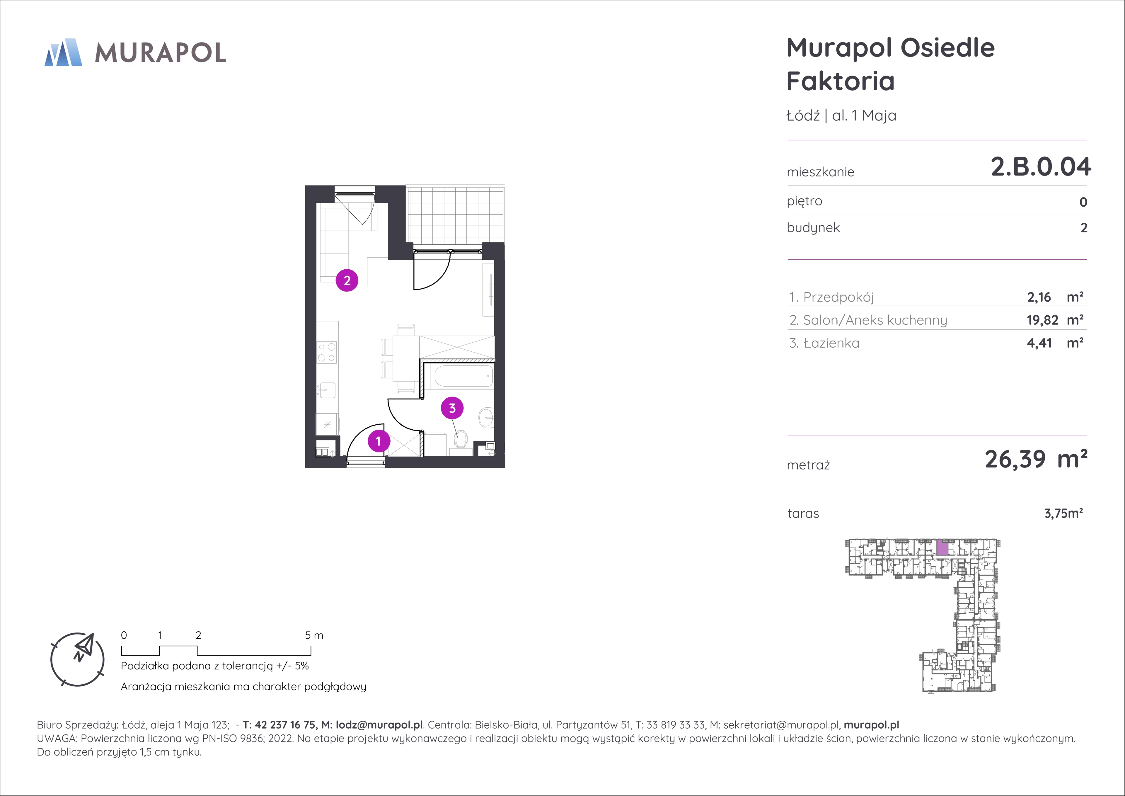 Mieszkanie 26,39 m², parter, oferta nr 2.B.0.04, Murapol Osiedle Faktoria, Łódź, Polesie, Stare Polesie, al. 1 Maja