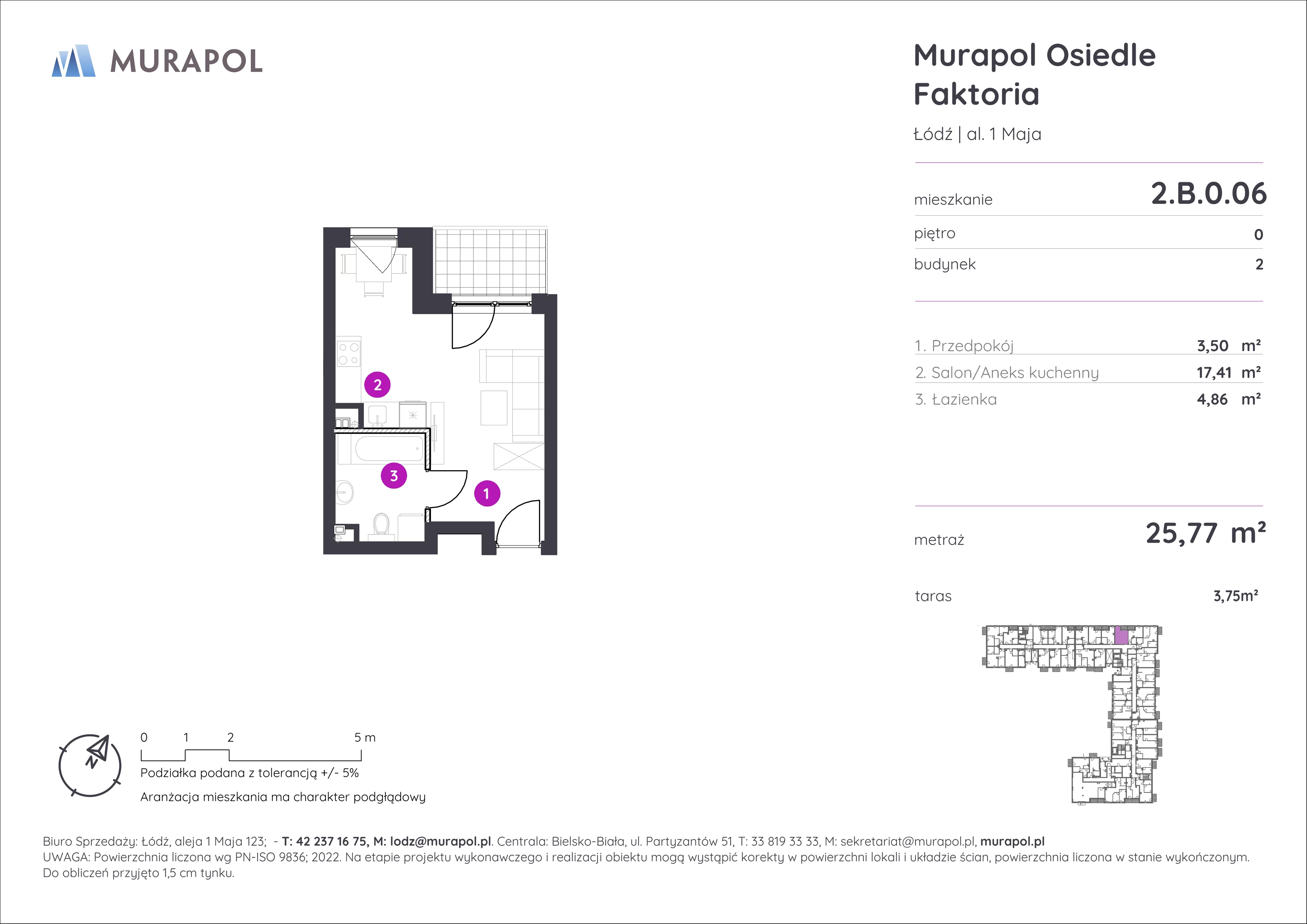 Mieszkanie 25,77 m², parter, oferta nr 2.B.0.06, Murapol Osiedle Faktoria, Łódź, Polesie, Stare Polesie, al. 1 Maja