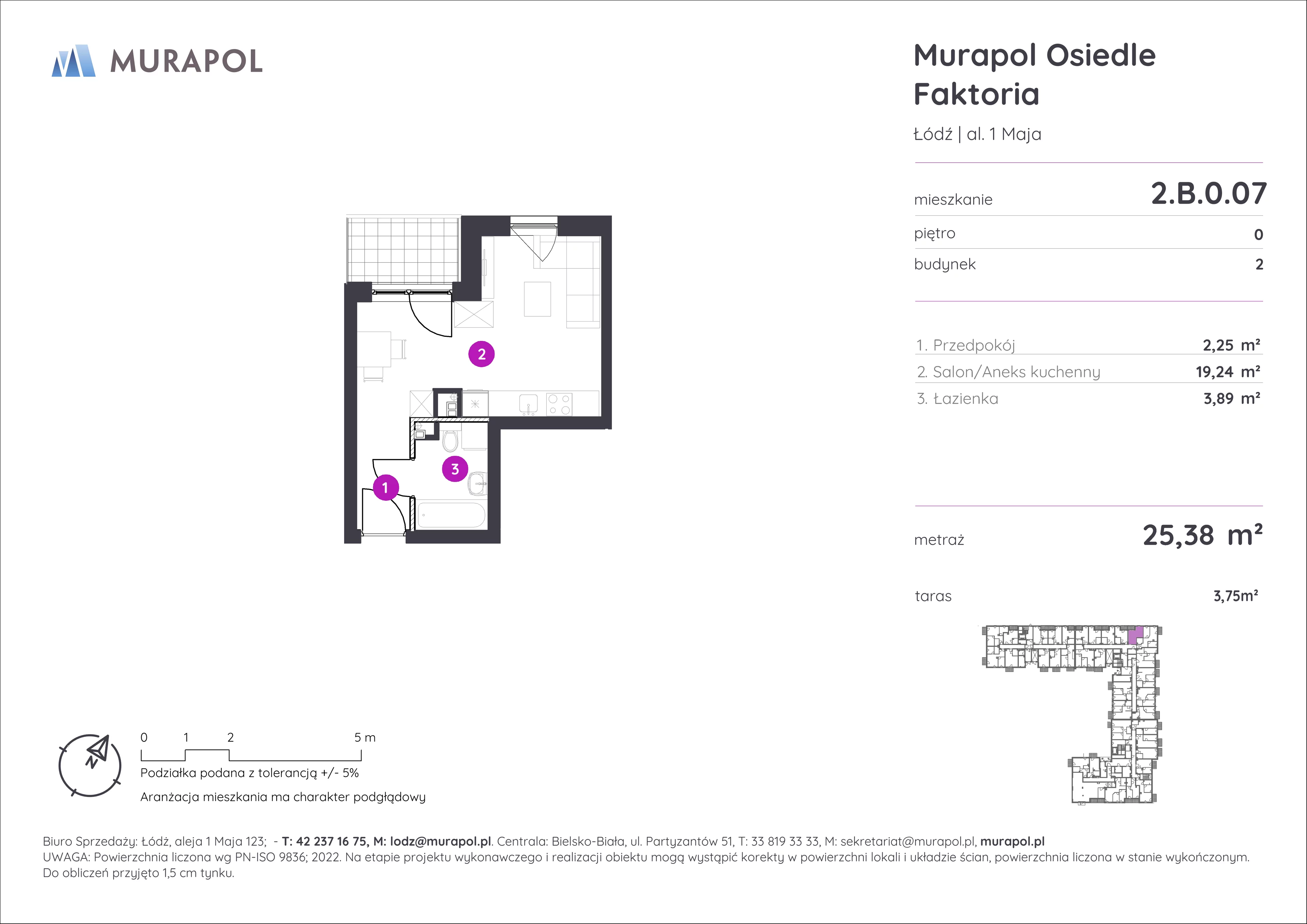 Mieszkanie 25,38 m², parter, oferta nr 2.B.0.07, Murapol Osiedle Faktoria, Łódź, Polesie, Stare Polesie, al. 1 Maja