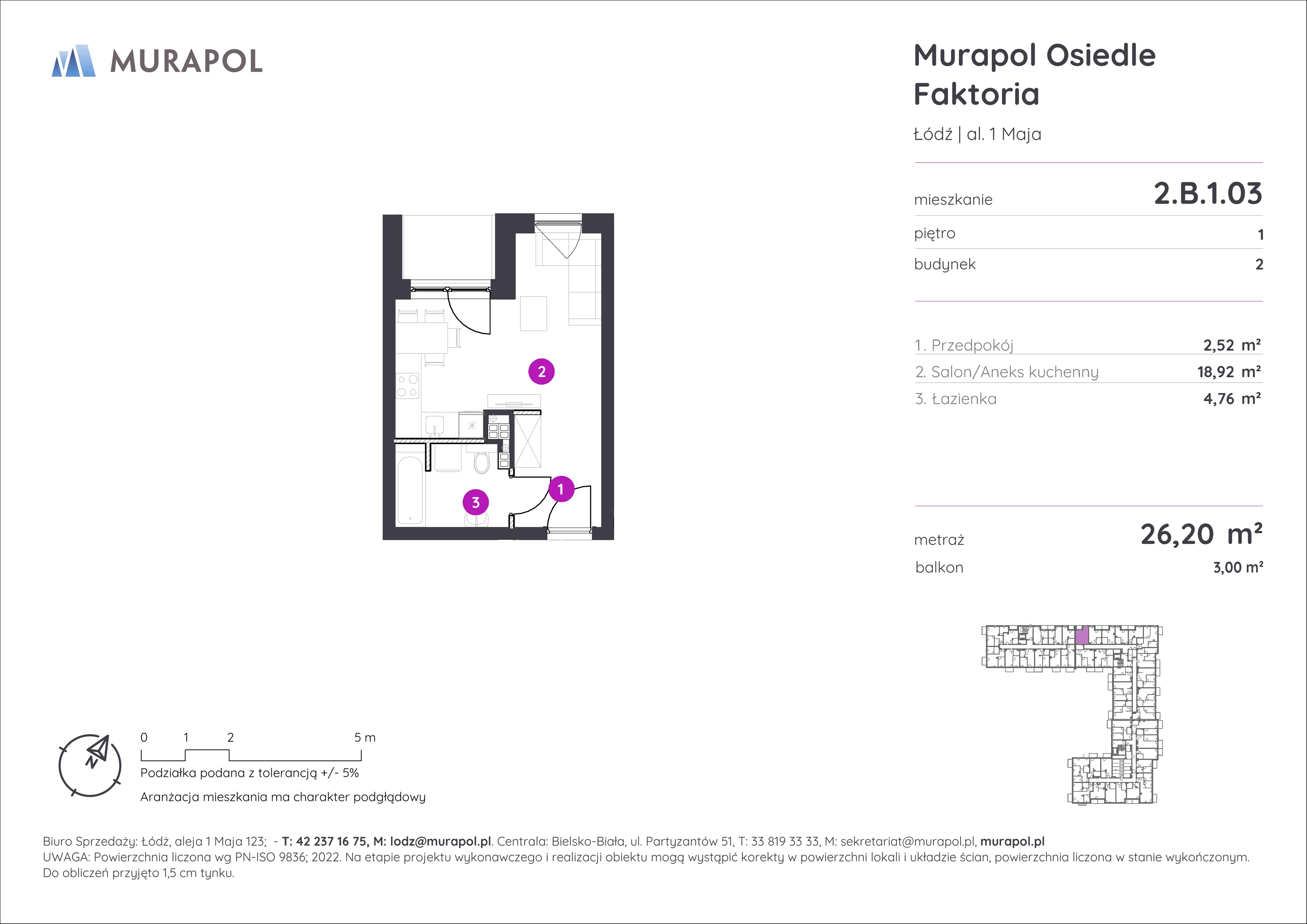 Mieszkanie 26,20 m², piętro 1, oferta nr 2.B.1.03, Murapol Osiedle Faktoria, Łódź, Polesie, Stare Polesie, al. 1 Maja