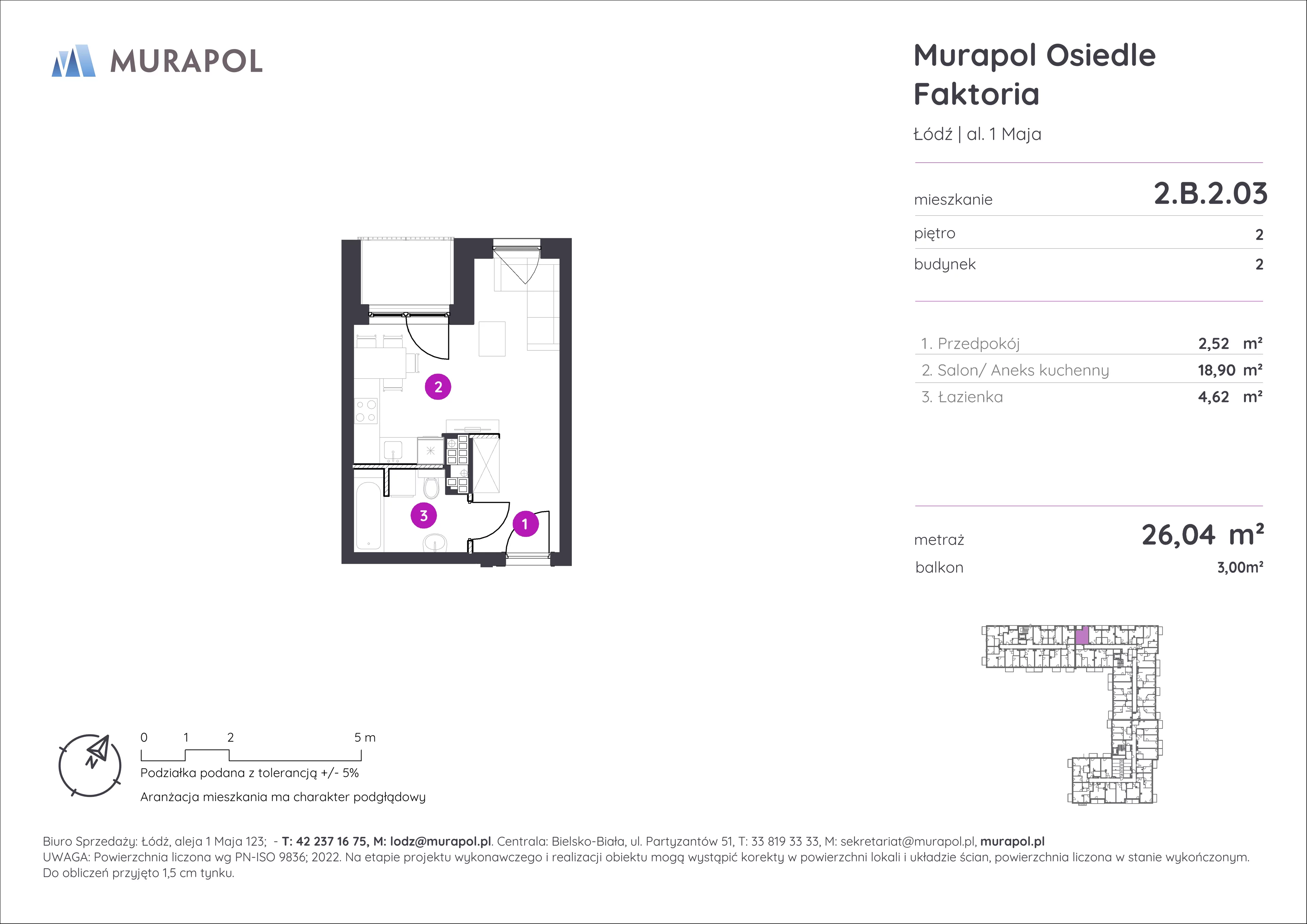 Mieszkanie 26,04 m², piętro 2, oferta nr 2.B.2.03, Murapol Osiedle Faktoria, Łódź, Polesie, Stare Polesie, al. 1 Maja