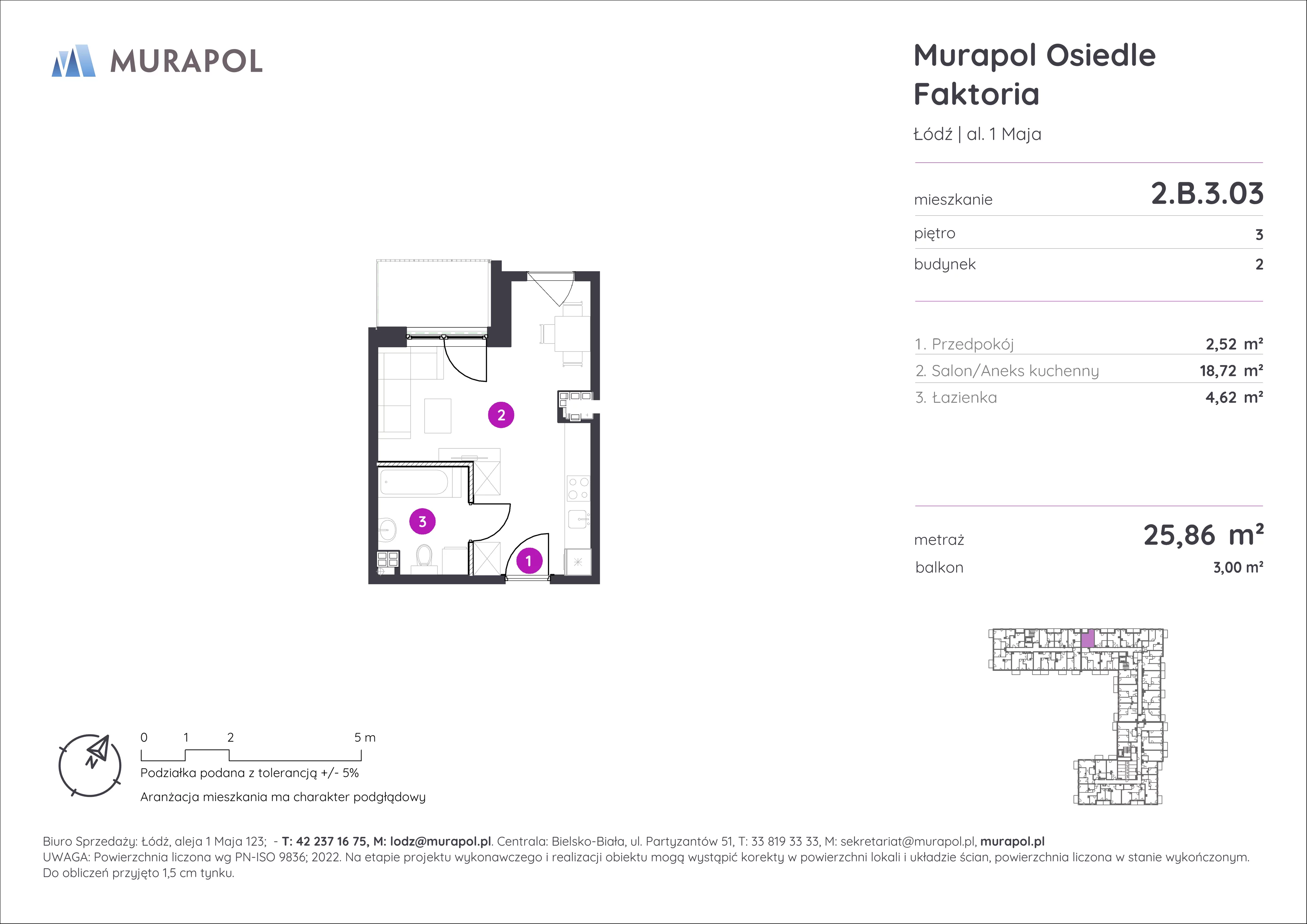 Mieszkanie 25,86 m², piętro 3, oferta nr 2.B.3.03, Murapol Osiedle Faktoria, Łódź, Polesie, Stare Polesie, al. 1 Maja