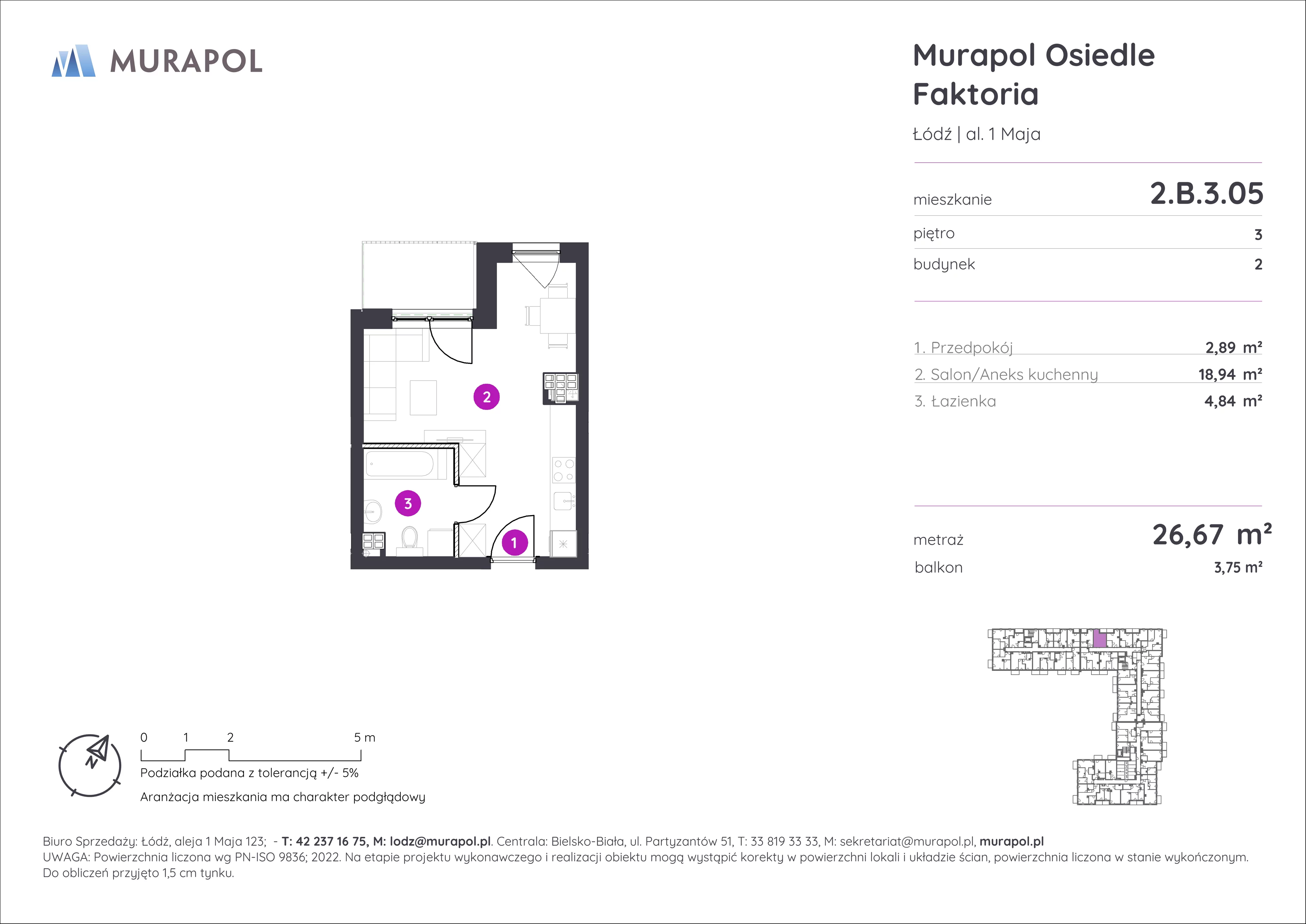 Mieszkanie 26,67 m², piętro 3, oferta nr 2.B.3.05, Murapol Osiedle Faktoria, Łódź, Polesie, Stare Polesie, al. 1 Maja