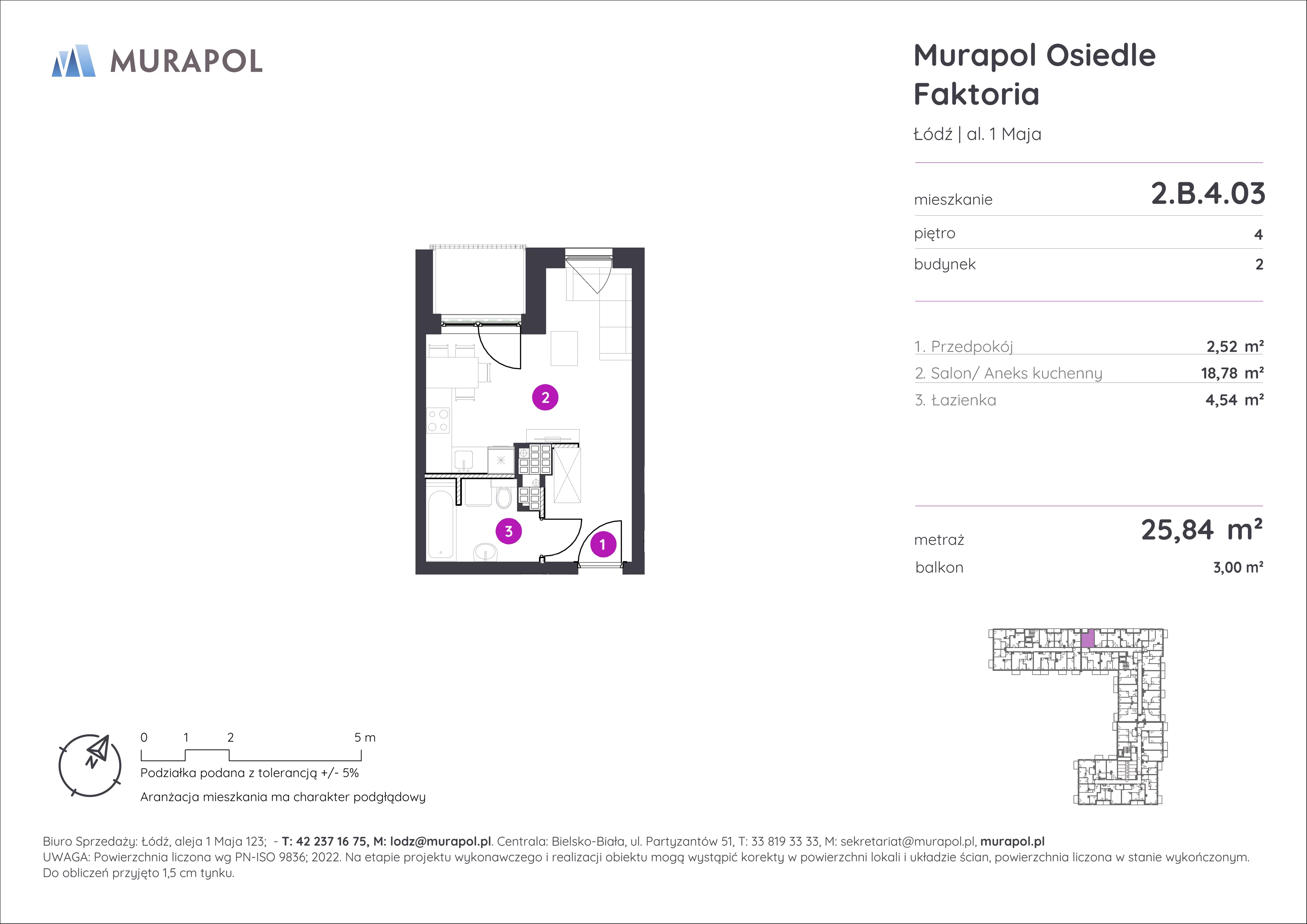 Mieszkanie 25,84 m², piętro 4, oferta nr 2.B.4.03, Murapol Osiedle Faktoria, Łódź, Polesie, Stare Polesie, al. 1 Maja