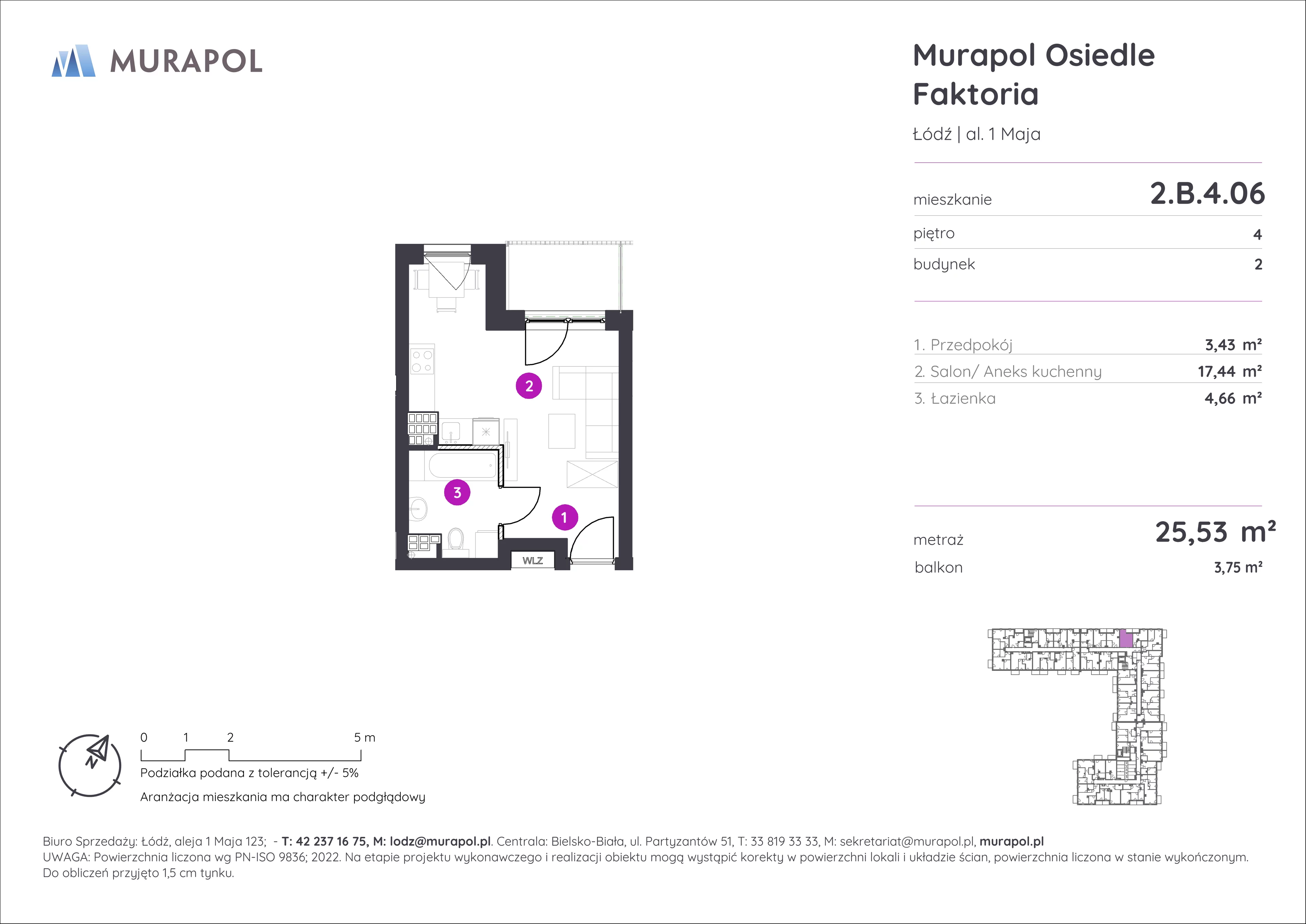 Mieszkanie 25,53 m², piętro 4, oferta nr 2.B.4.06, Murapol Osiedle Faktoria, Łódź, Polesie, Stare Polesie, al. 1 Maja