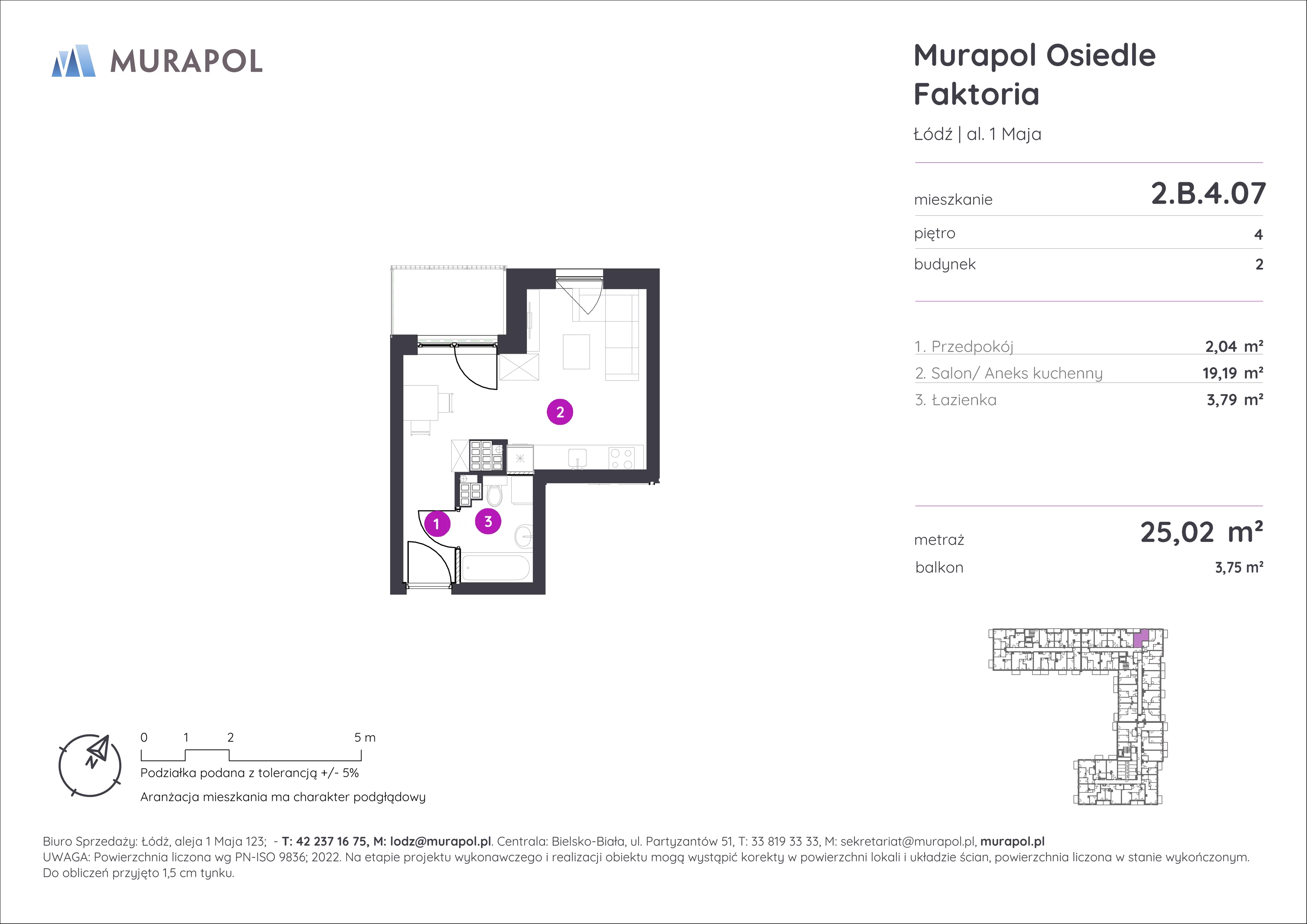 Mieszkanie 25,02 m², piętro 4, oferta nr 2.B.4.07, Murapol Osiedle Faktoria, Łódź, Polesie, Stare Polesie, al. 1 Maja