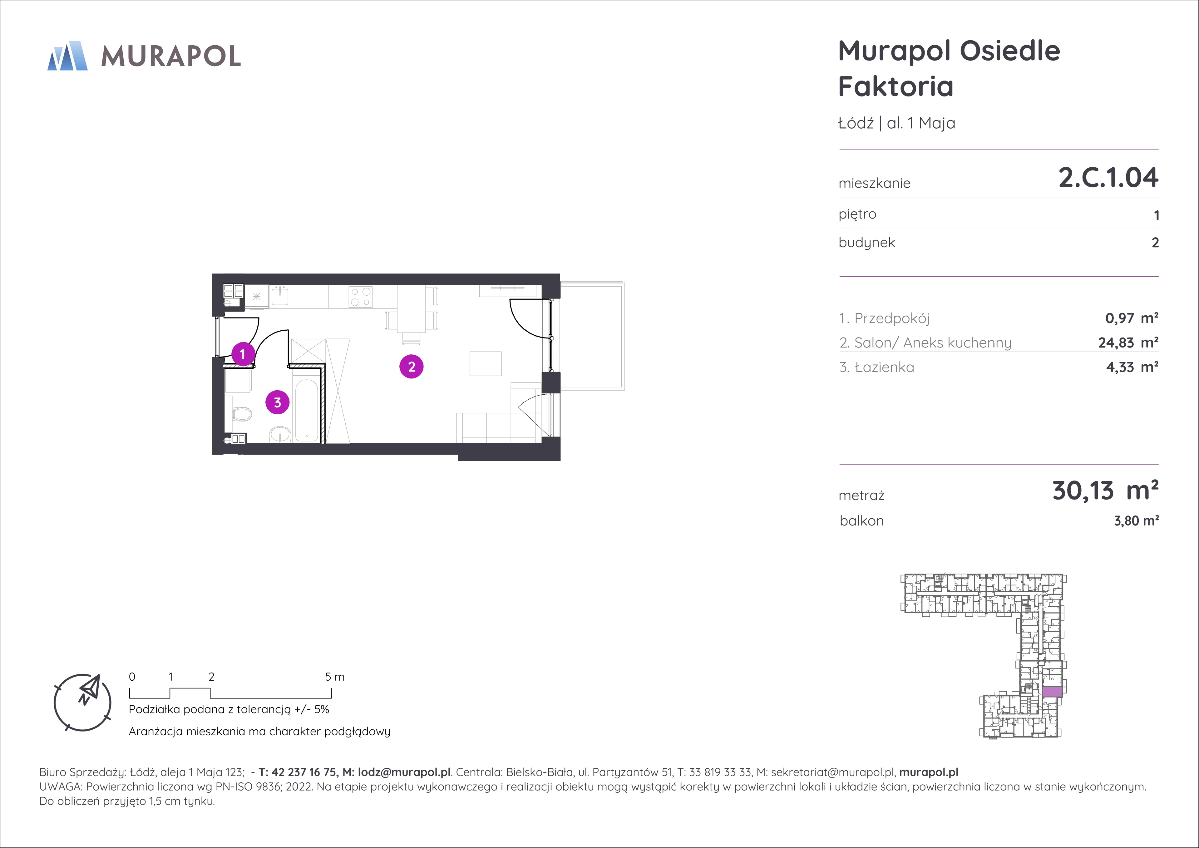 Mieszkanie 30,13 m², piętro 1, oferta nr 2.C.1.04, Murapol Osiedle Faktoria, Łódź, Polesie, Stare Polesie, al. 1 Maja