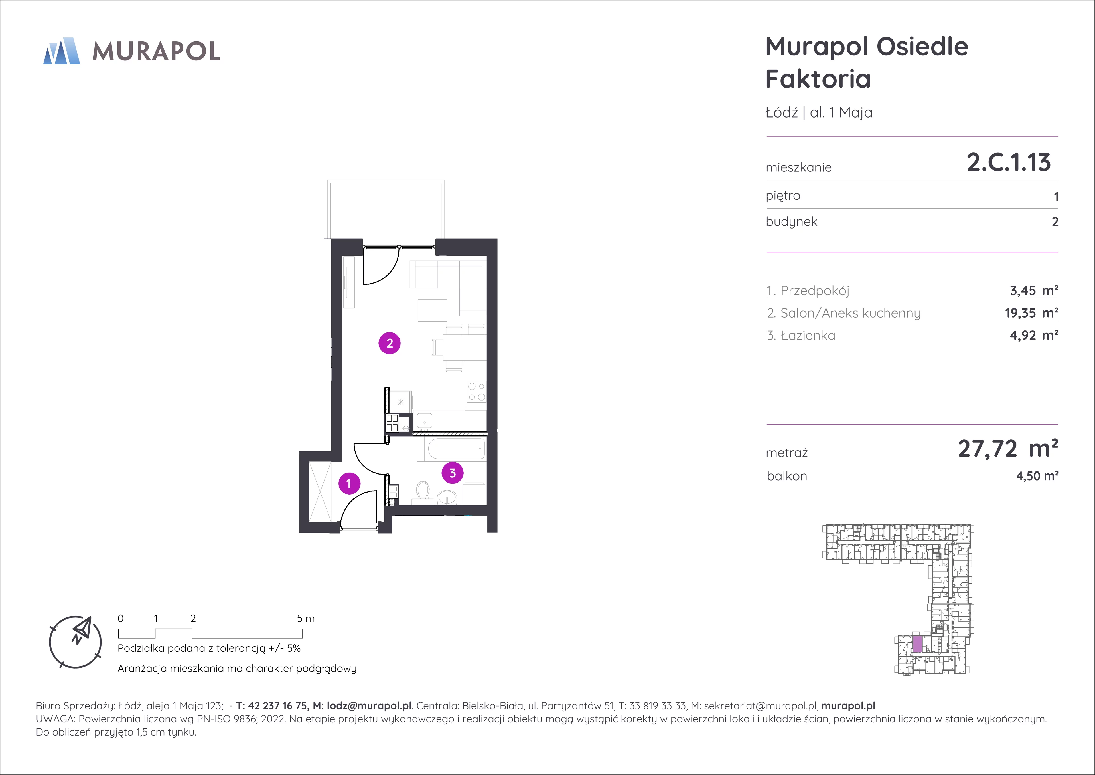 Mieszkanie 27,72 m², piętro 1, oferta nr 2.C.1.13, Murapol Osiedle Faktoria, Łódź, Polesie, Stare Polesie, al. 1 Maja