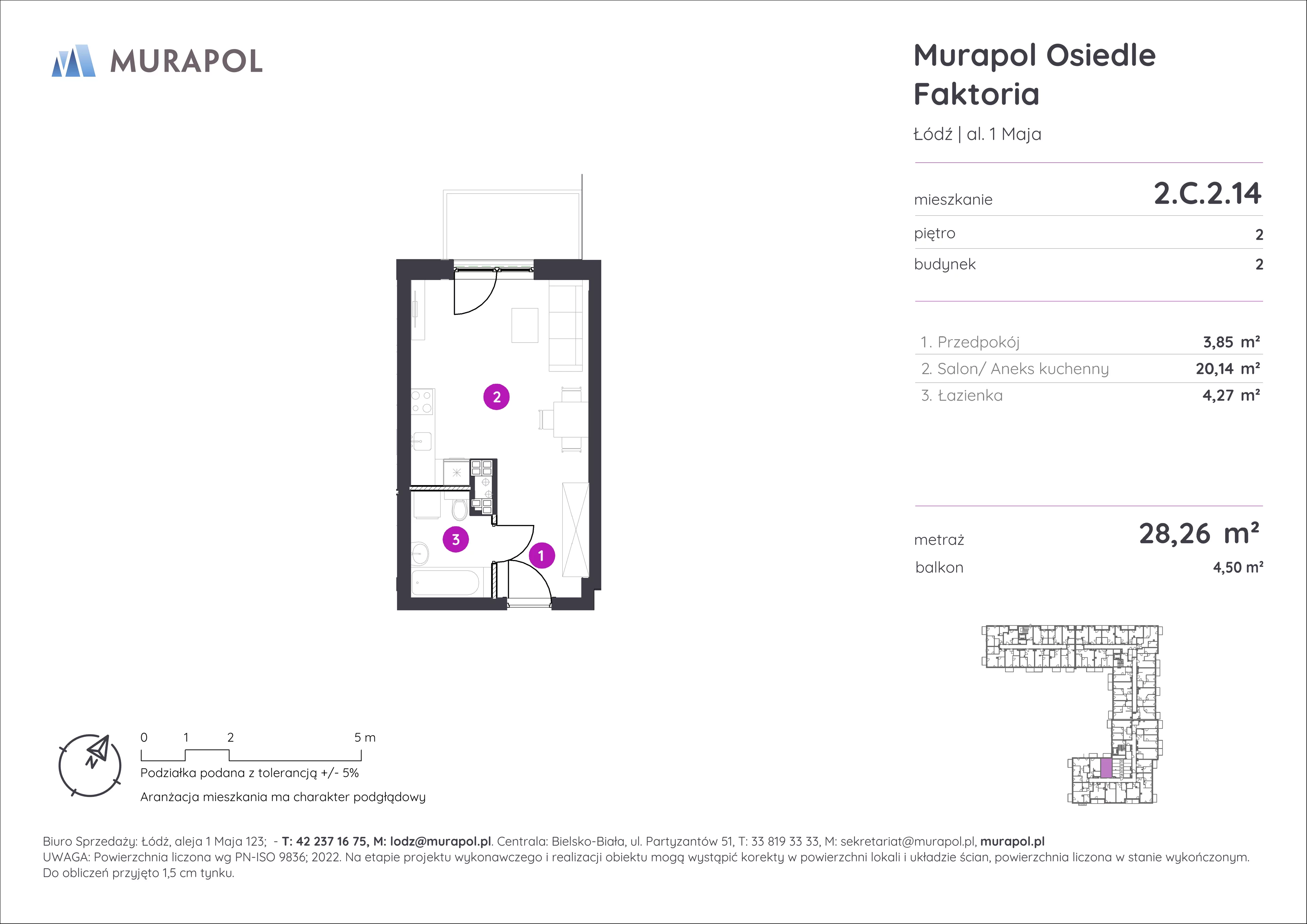 Mieszkanie 28,26 m², piętro 2, oferta nr 2.C.2.14, Murapol Osiedle Faktoria, Łódź, Polesie, Stare Polesie, al. 1 Maja