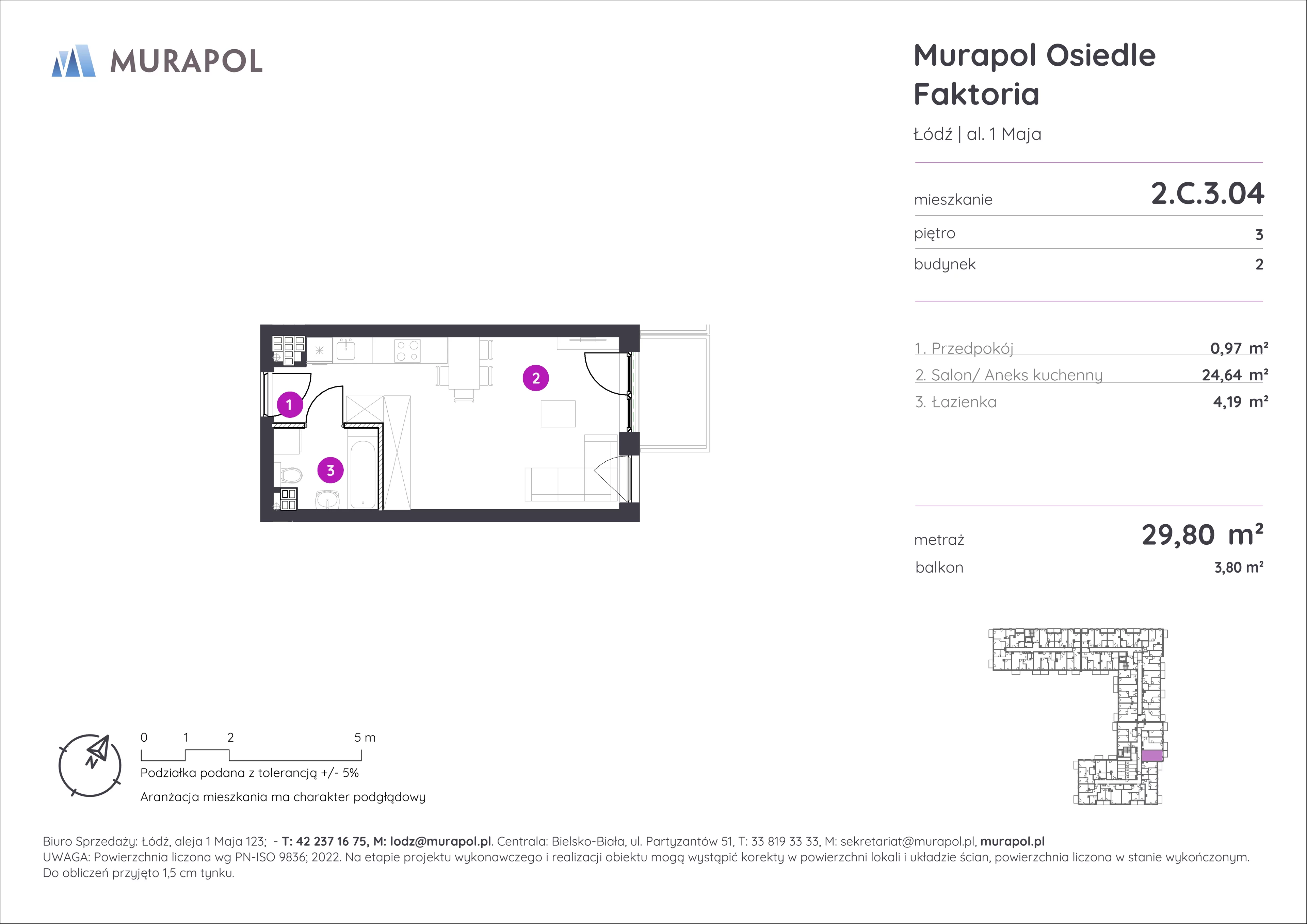 Mieszkanie 29,80 m², piętro 3, oferta nr 2.C.3.04, Murapol Osiedle Faktoria, Łódź, Polesie, Stare Polesie, al. 1 Maja