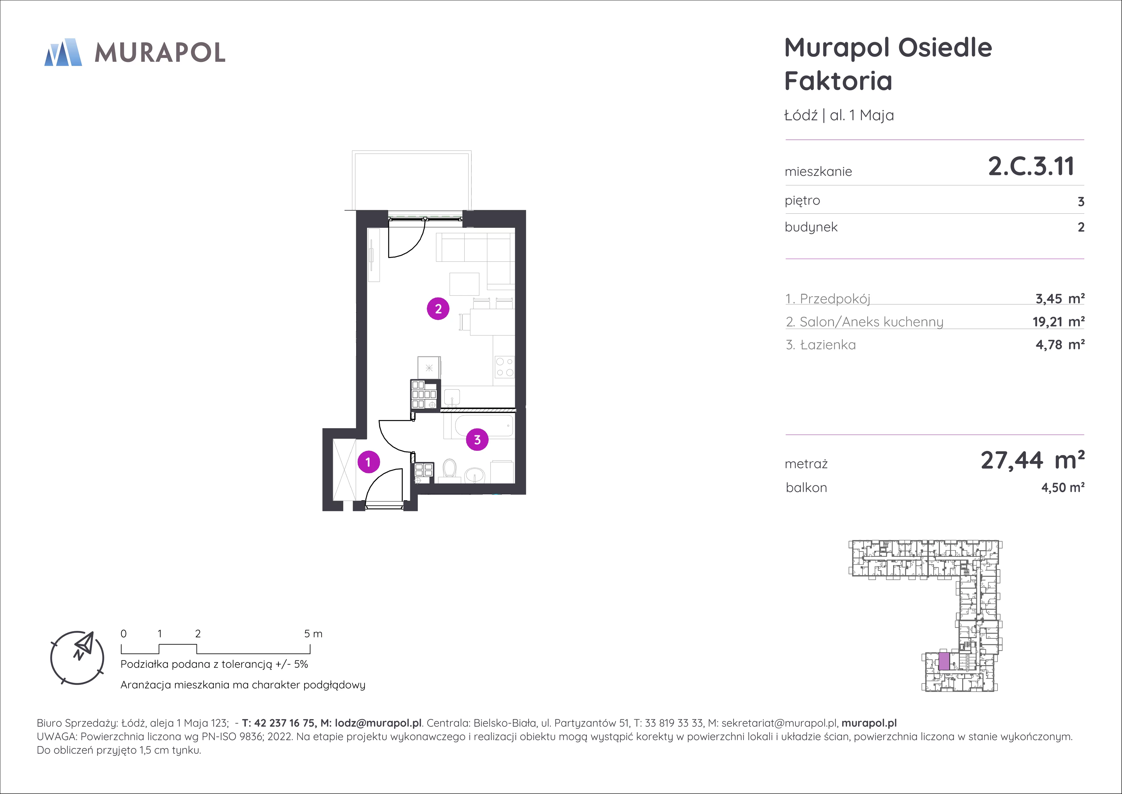 Mieszkanie 27,44 m², piętro 3, oferta nr 2.C.3.11, Murapol Osiedle Faktoria, Łódź, Polesie, Stare Polesie, al. 1 Maja