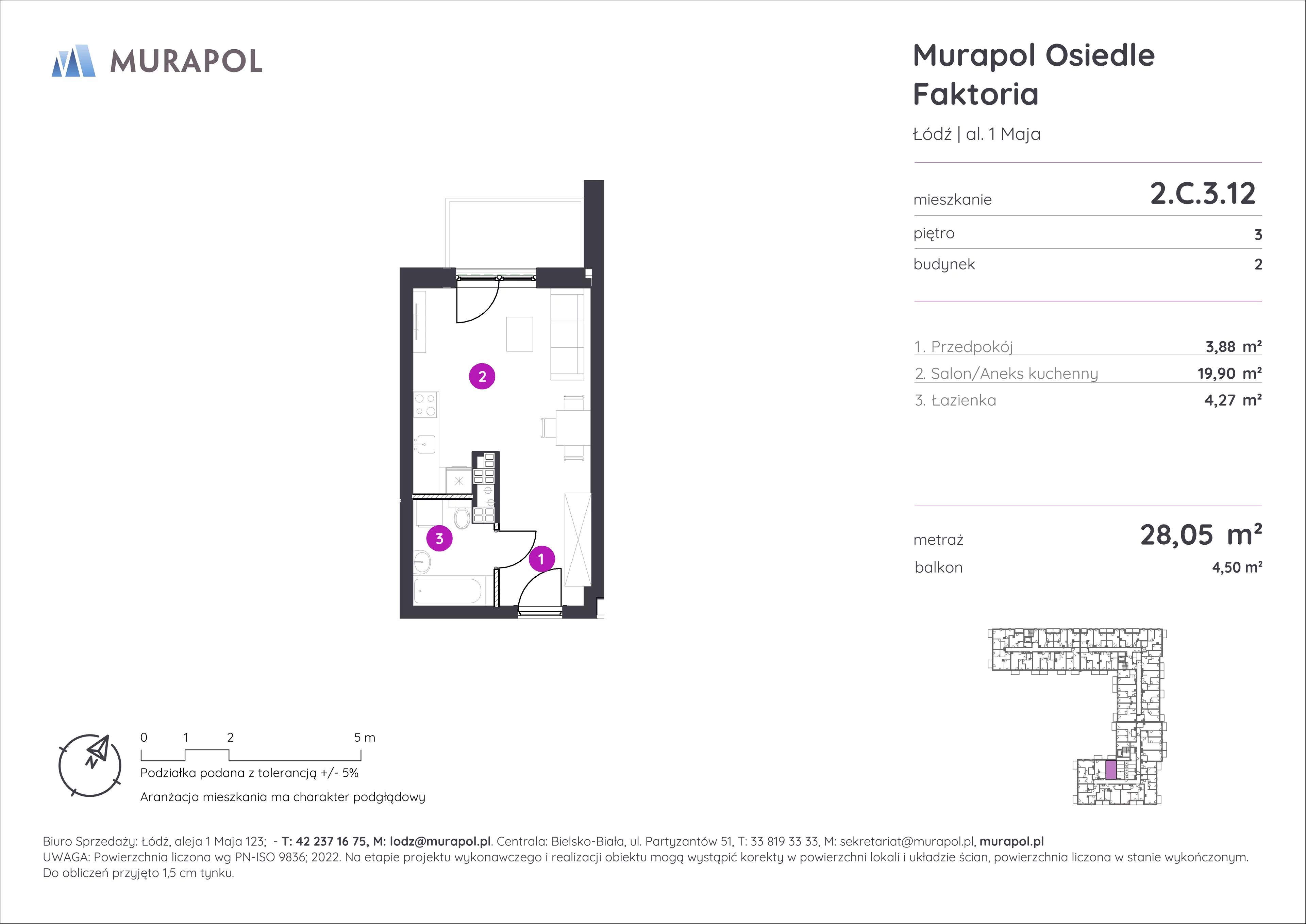 Mieszkanie 28,05 m², piętro 3, oferta nr 2.C.3.12, Murapol Osiedle Faktoria, Łódź, Polesie, Stare Polesie, al. 1 Maja