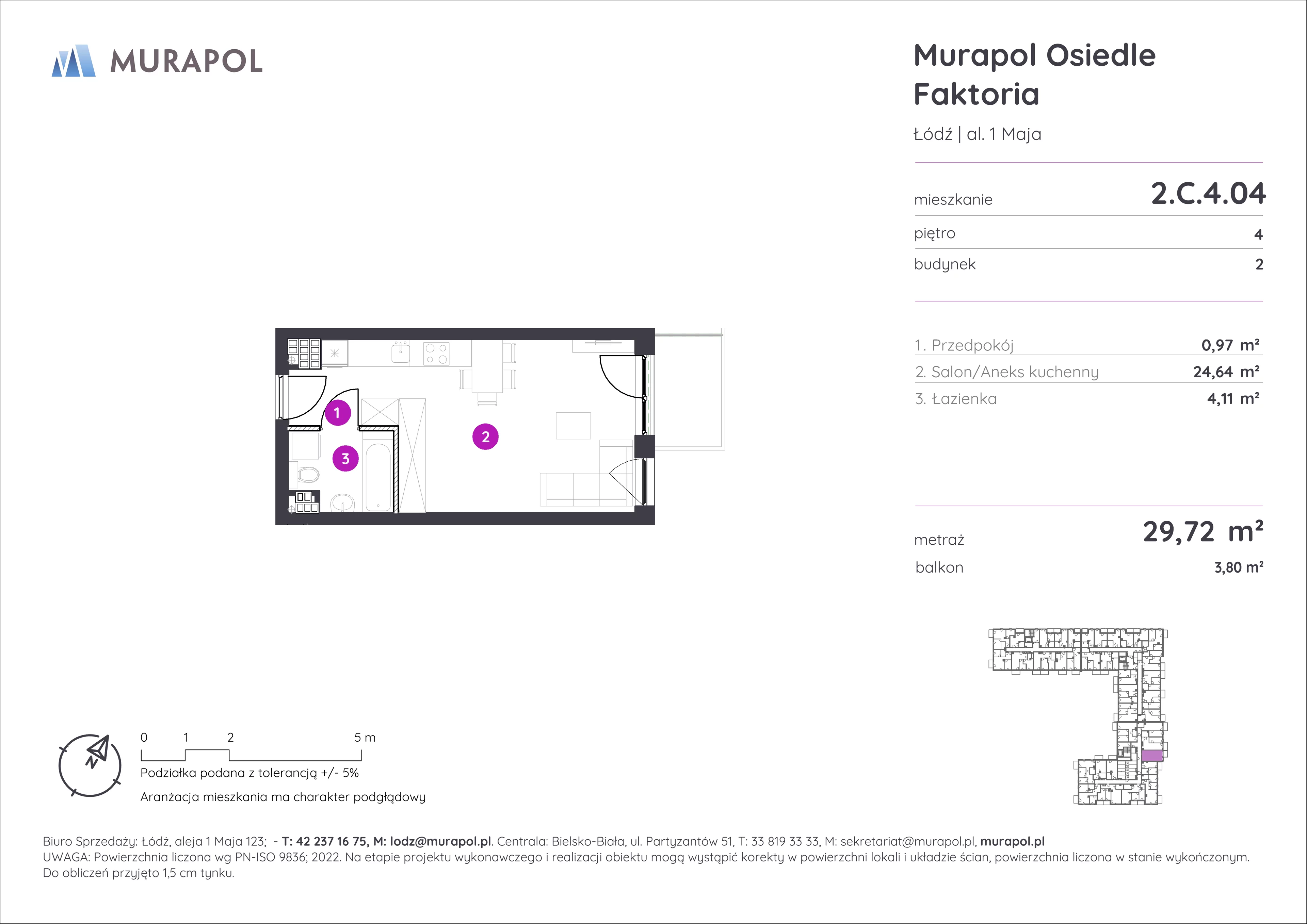 Mieszkanie 29,72 m², piętro 4, oferta nr 2.C.4.04, Murapol Osiedle Faktoria, Łódź, Polesie, Stare Polesie, al. 1 Maja