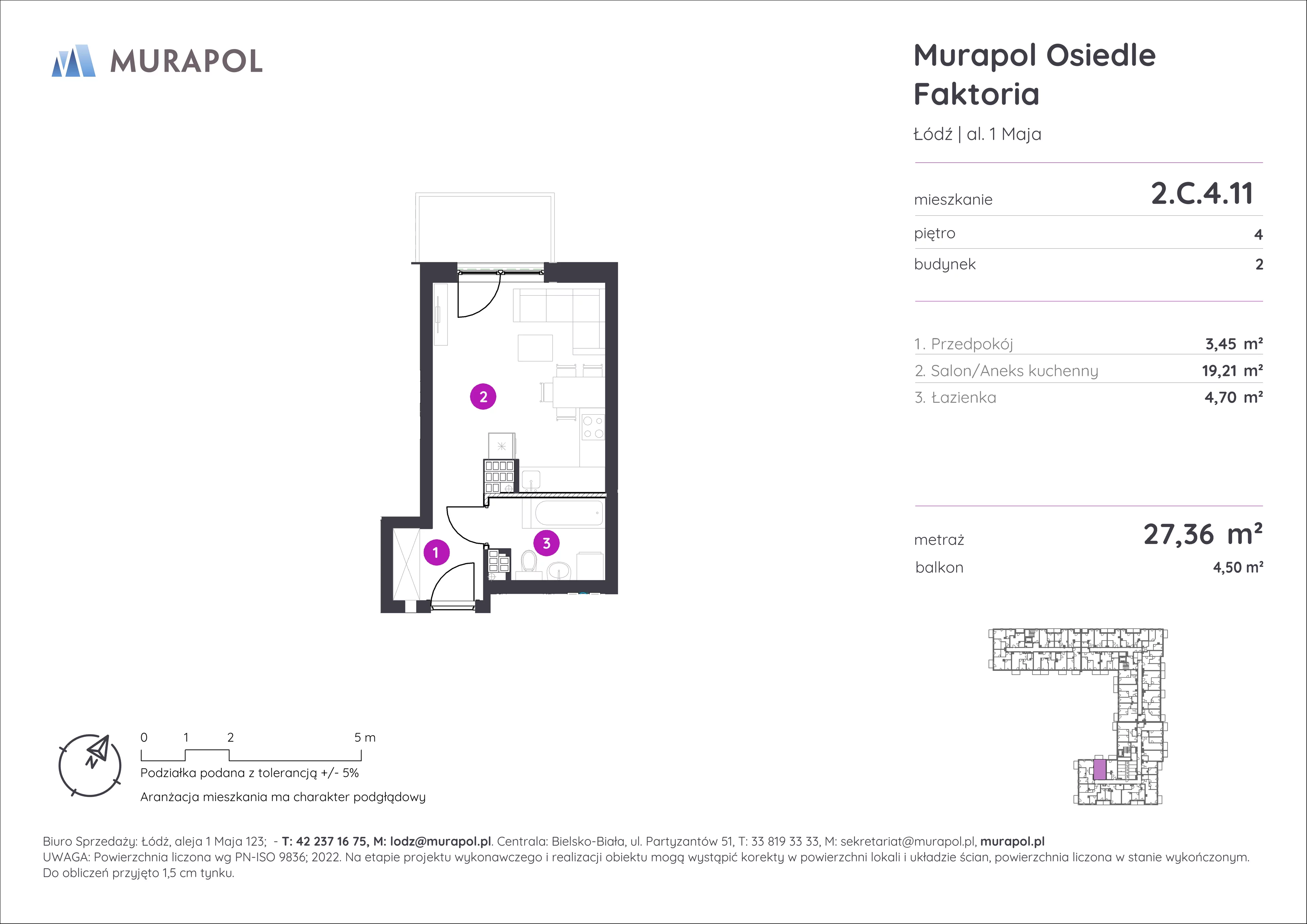 Mieszkanie 27,36 m², piętro 4, oferta nr 2.C.4.11, Murapol Osiedle Faktoria, Łódź, Polesie, Stare Polesie, al. 1 Maja