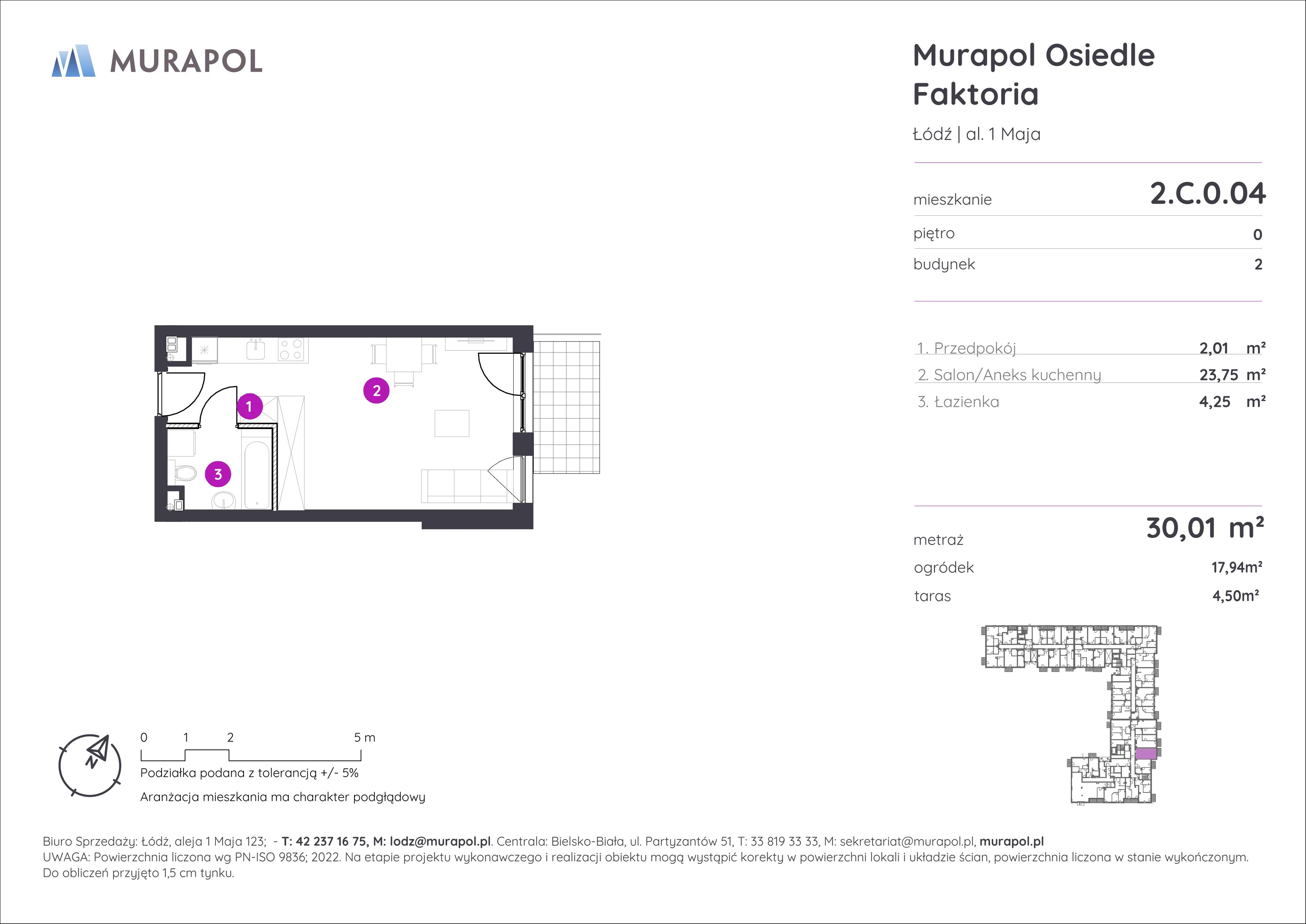 1 pokój, mieszkanie 30,01 m², parter, oferta nr 2.C.0.04, Murapol Osiedle Faktoria, Łódź, Polesie, Stare Polesie, al. 1 Maja