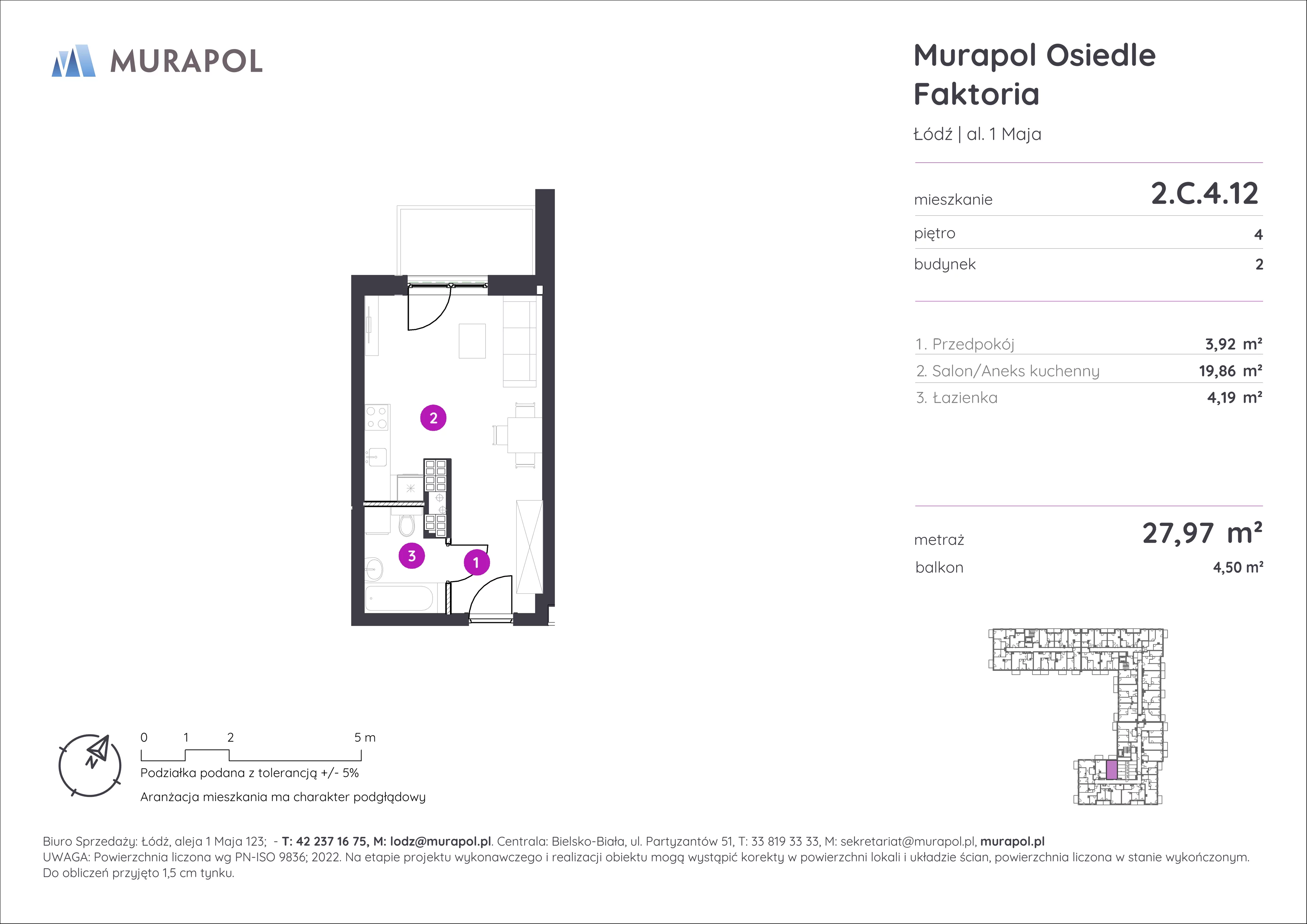 1 pokój, mieszkanie 27,97 m², piętro 4, oferta nr 2.C.4.12, Murapol Osiedle Faktoria, Łódź, Polesie, Stare Polesie, al. 1 Maja