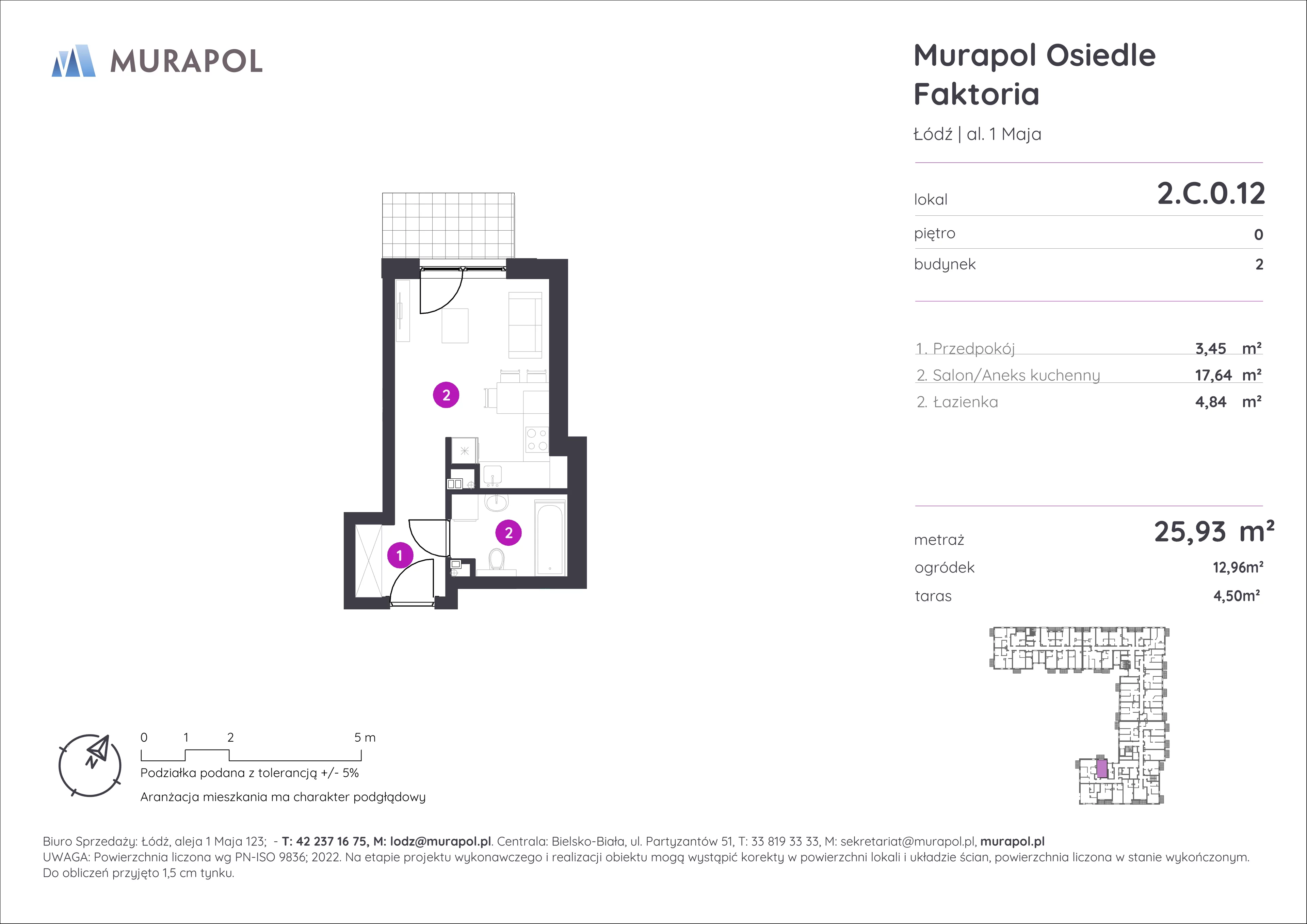 1 pokój, mieszkanie 25,93 m², parter, oferta nr 2.C.0.12, Murapol Osiedle Faktoria, Łódź, Polesie, Stare Polesie, al. 1 Maja