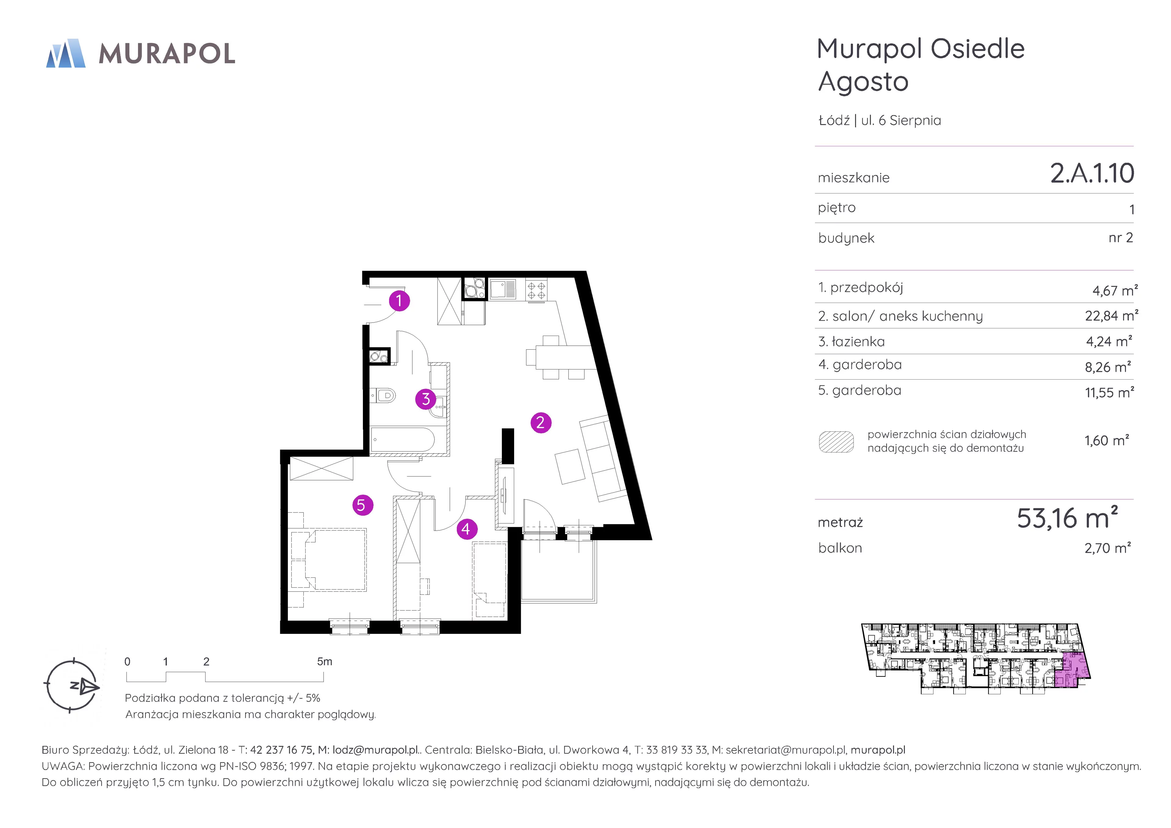 Mieszkanie 53,16 m², piętro 1, oferta nr 2.A.1.10, Murapol Agosto, Łódź, Polesie, Stare Polesie, ul. 6 Sierpnia