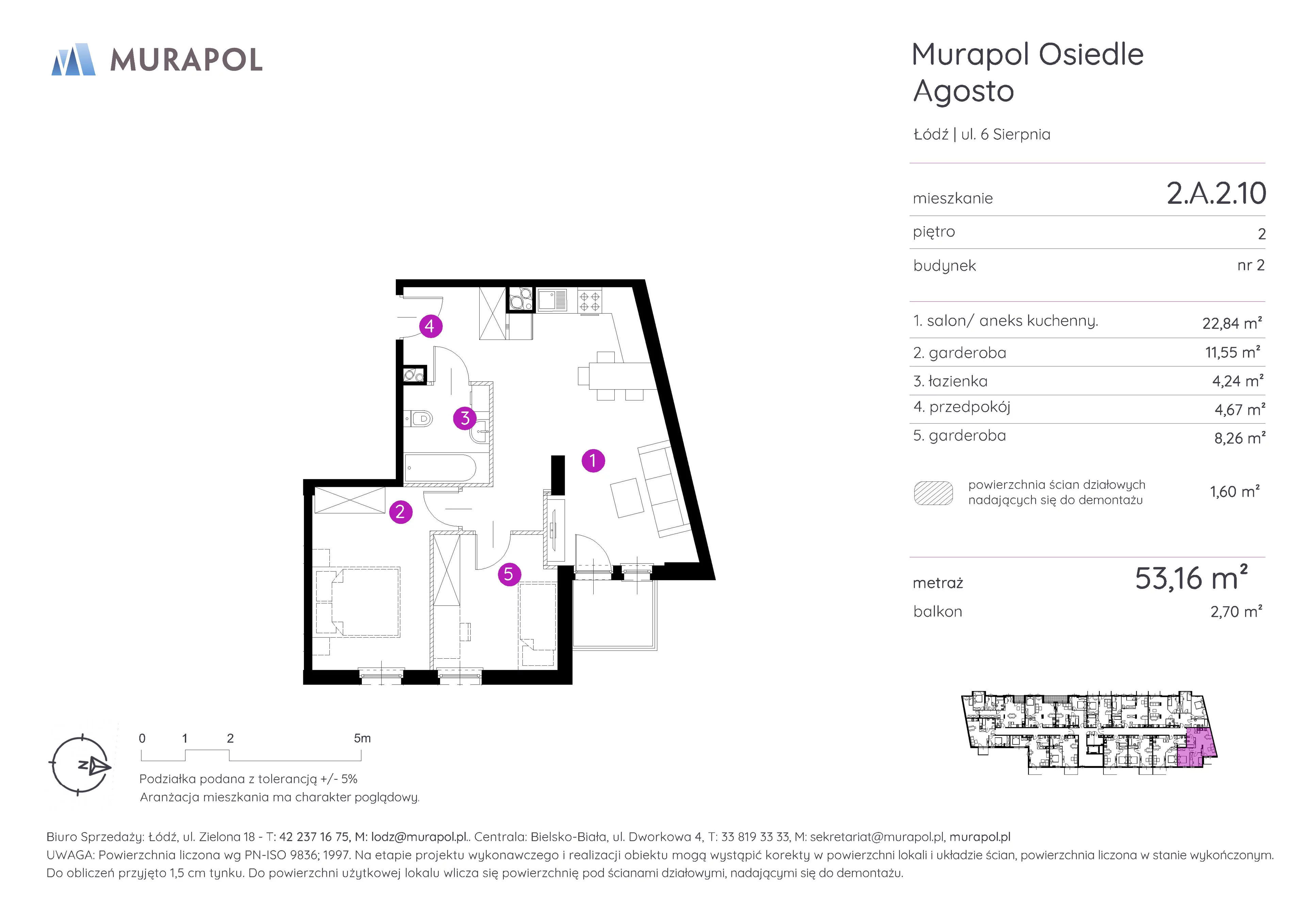 1 pokój, mieszkanie 53,16 m², piętro 2, oferta nr 2.A.2.10, Murapol Agosto, Łódź, Polesie, Stare Polesie, ul. 6 Sierpnia