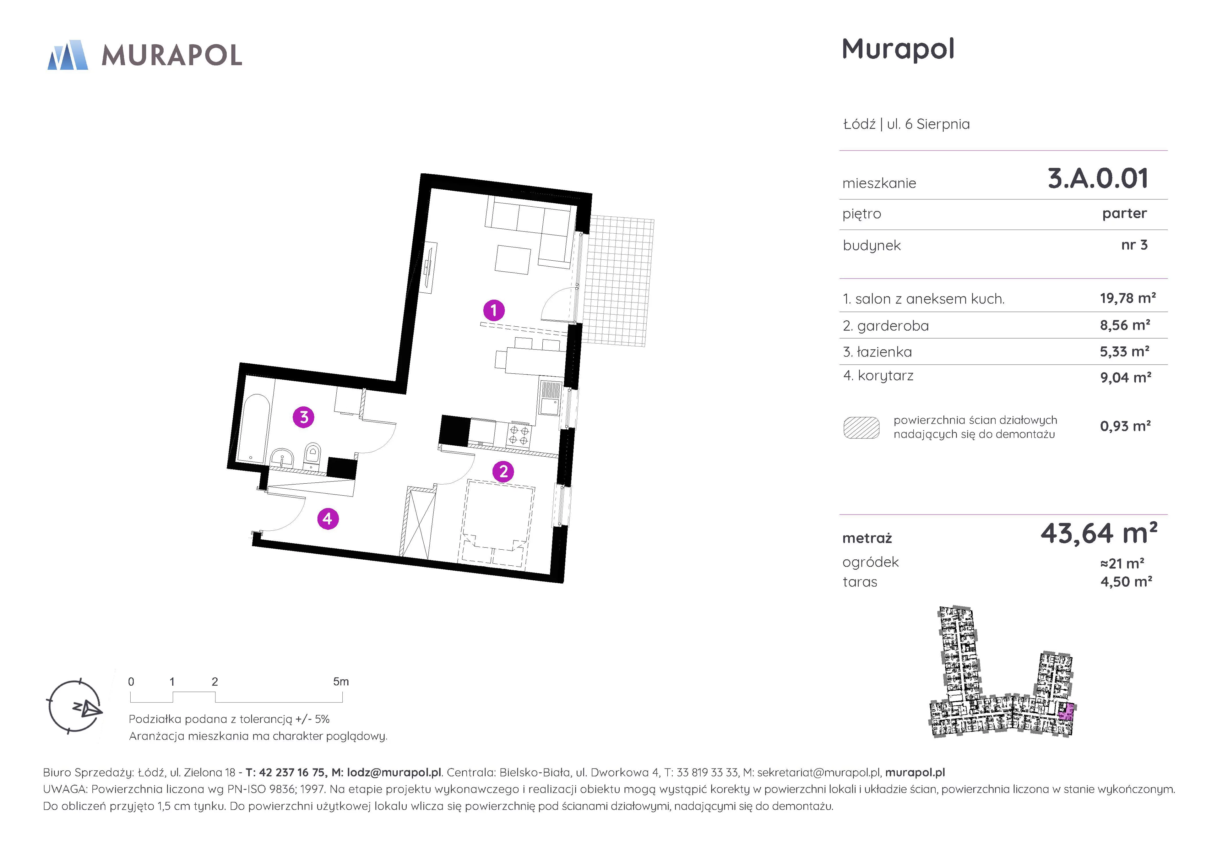 Mieszkanie 43,64 m², parter, oferta nr 3.A.0.01, Murapol Agosto, Łódź, Polesie, Stare Polesie, ul. 6 Sierpnia